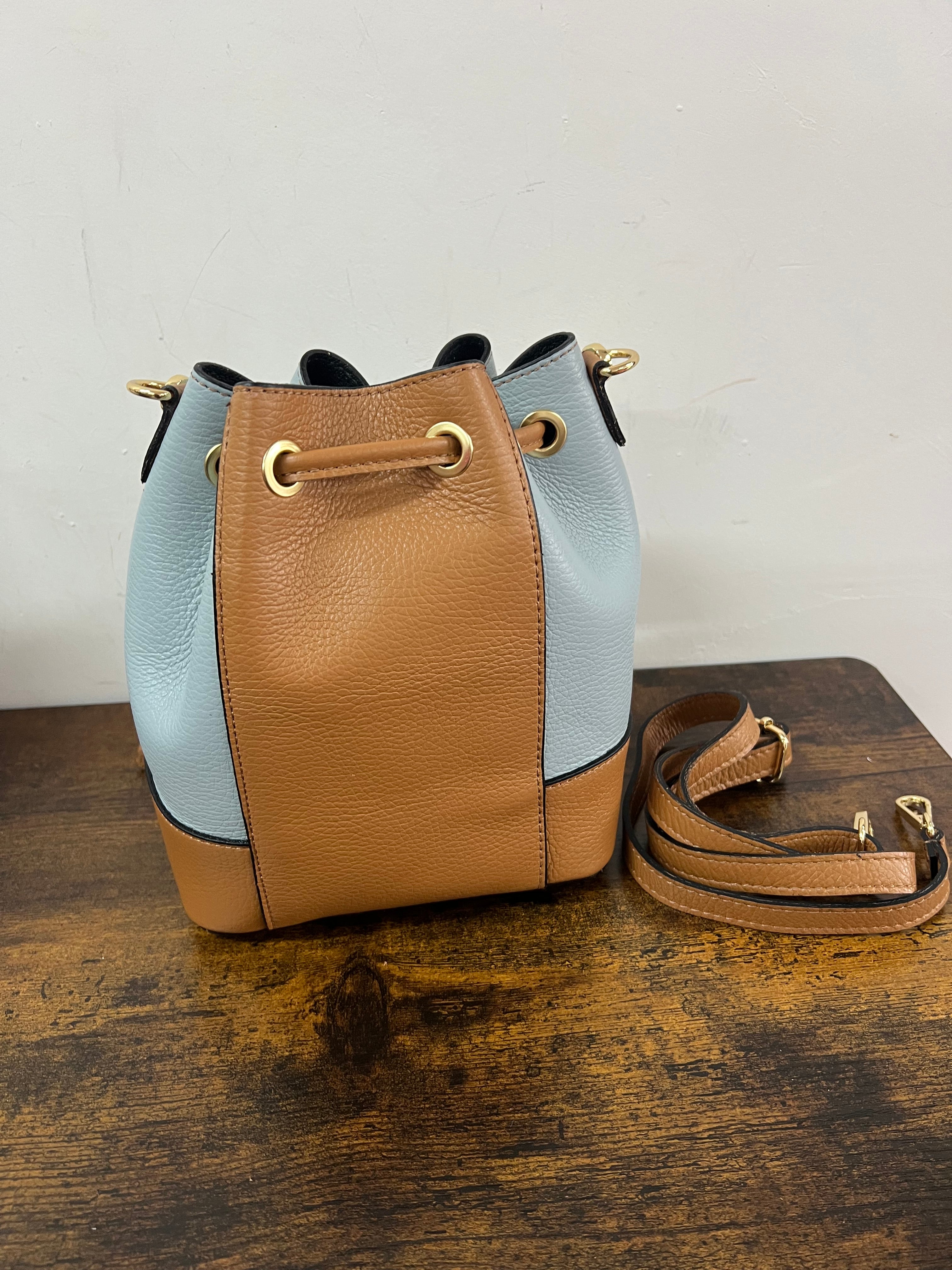Sacchetto frange mini bicolor celeste e cuoio