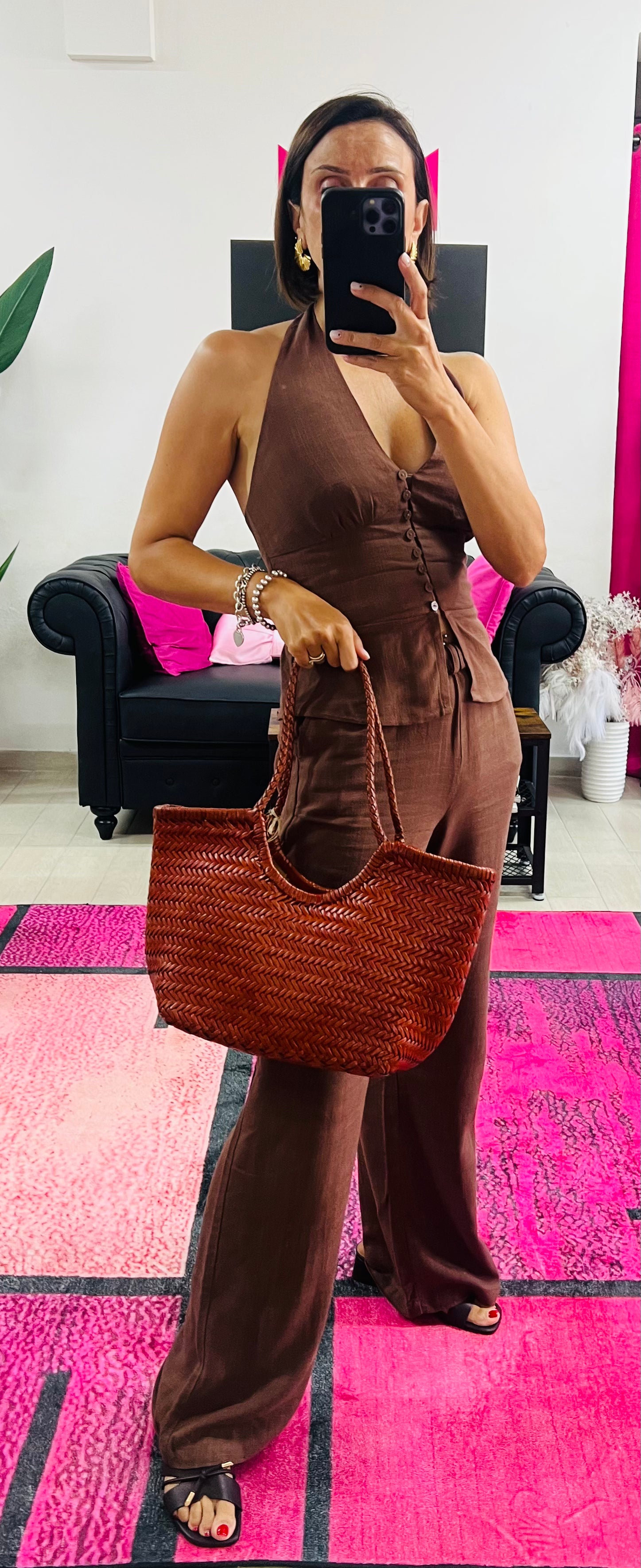 Basket midi intrecciata cuoio