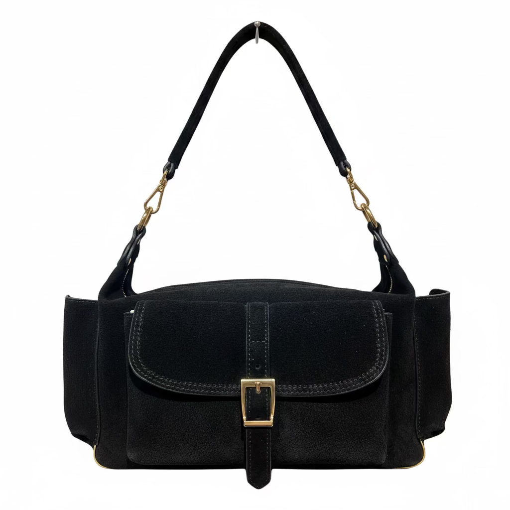 Mega baguette vera pelle suede nero