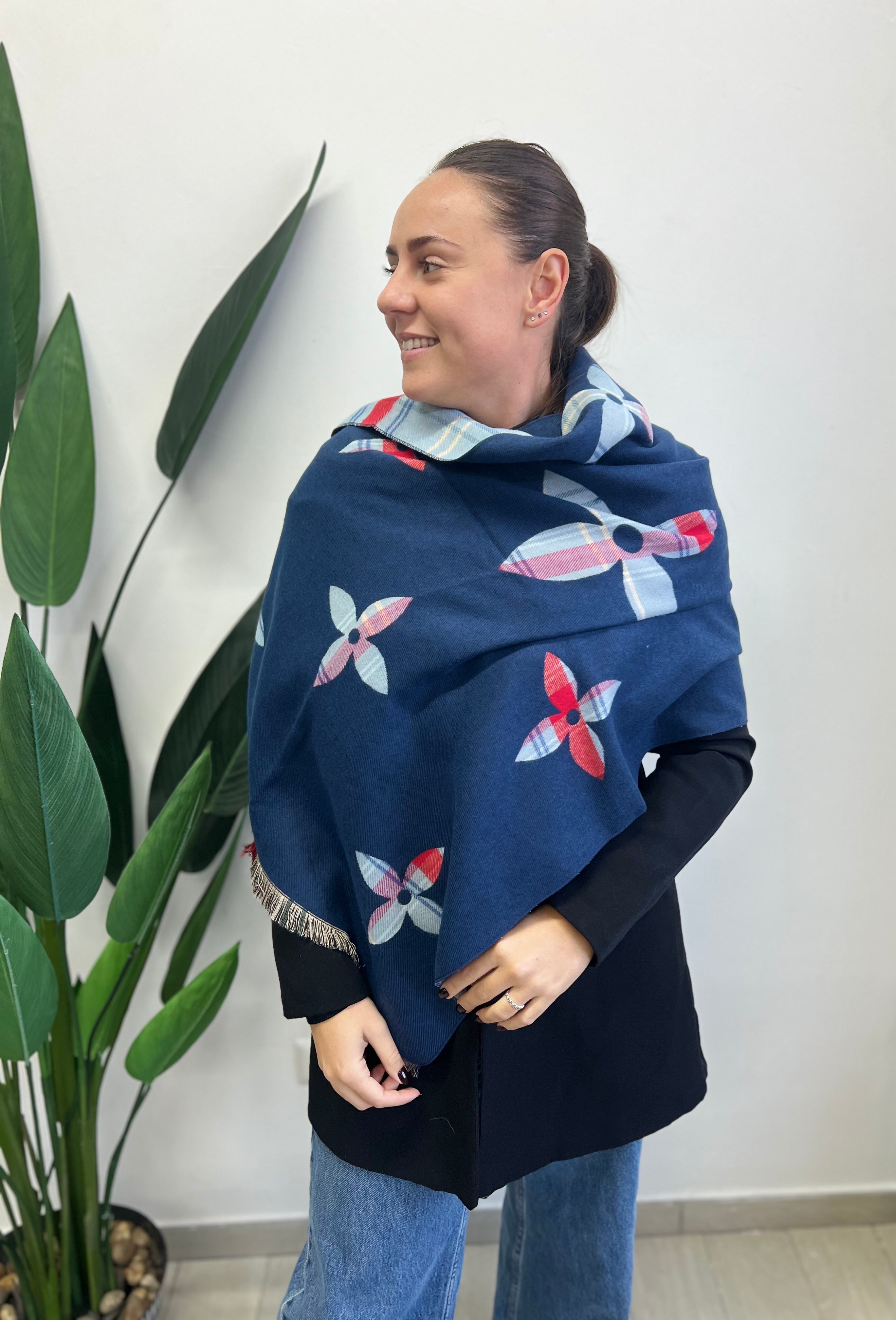 Sciarpona misto cachemire fiore blu