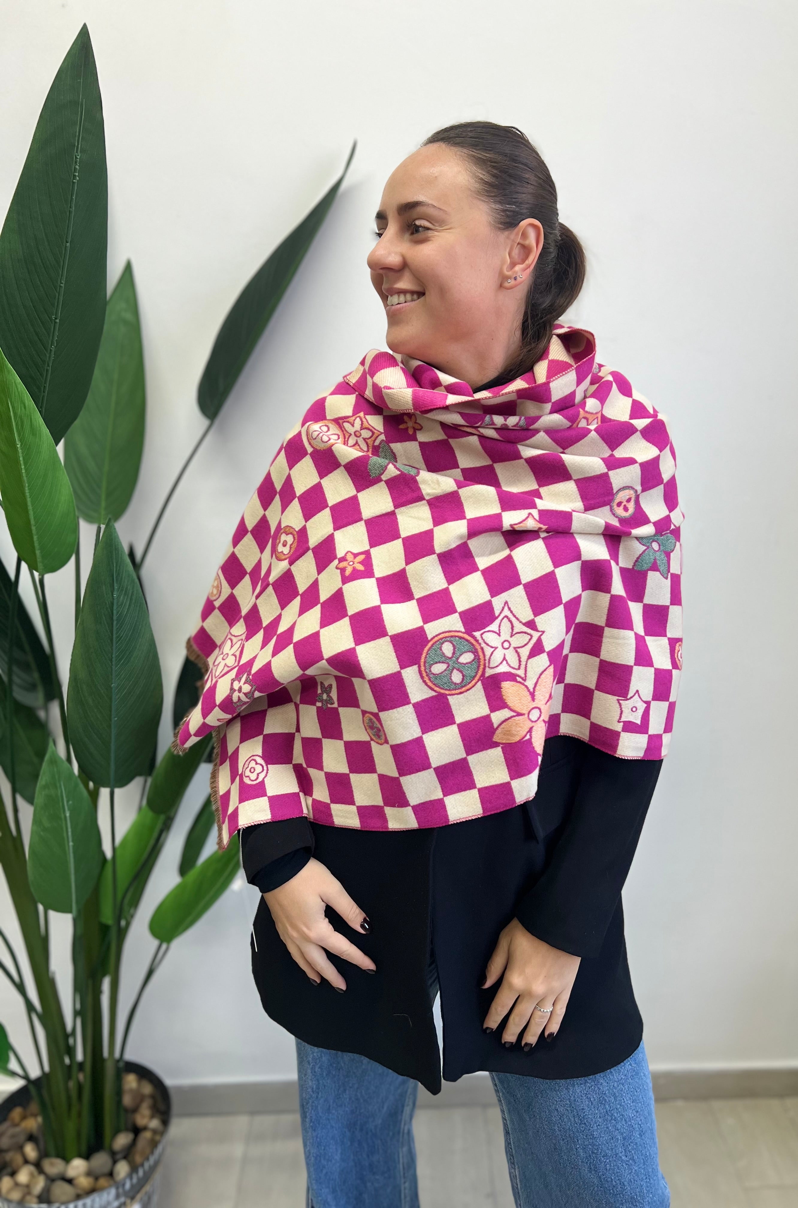 Sciarpona misto cachemire scacchi fucsia