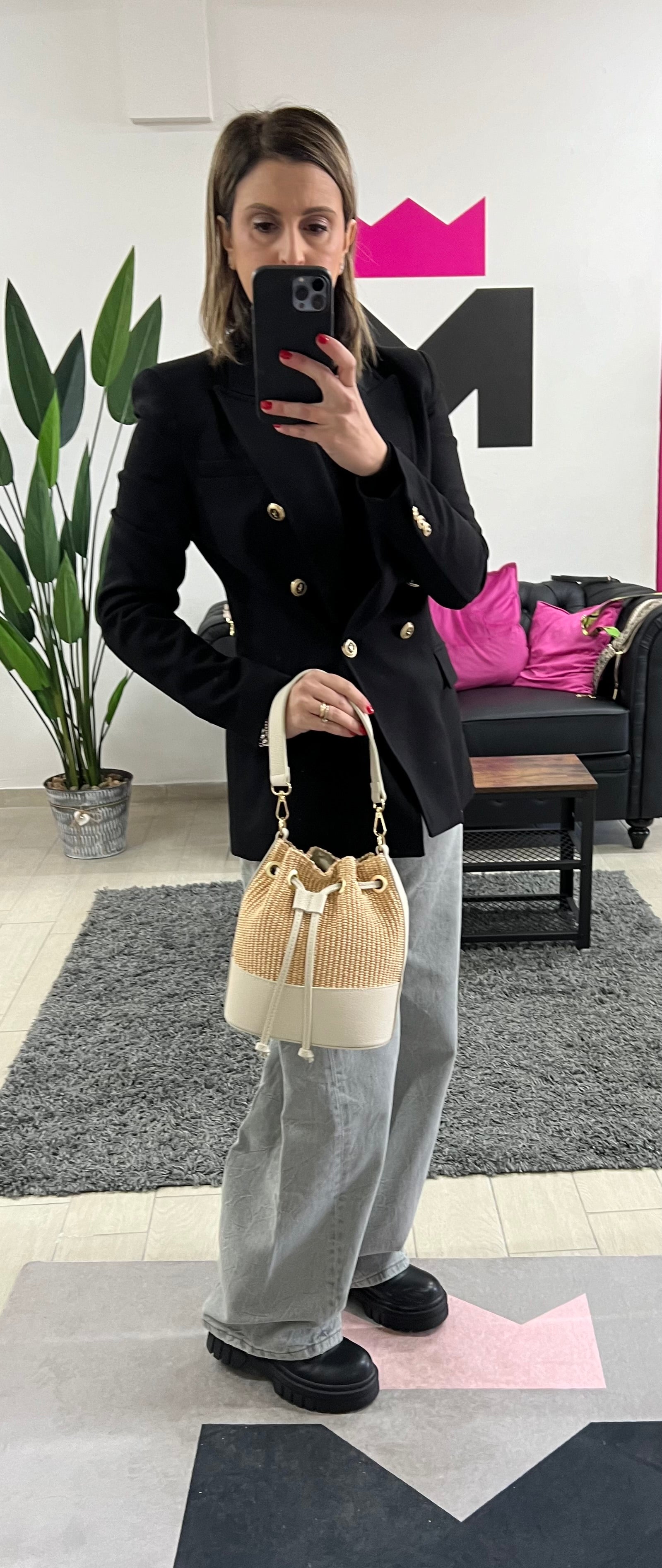 Sacchetto frange mini z rafia panna