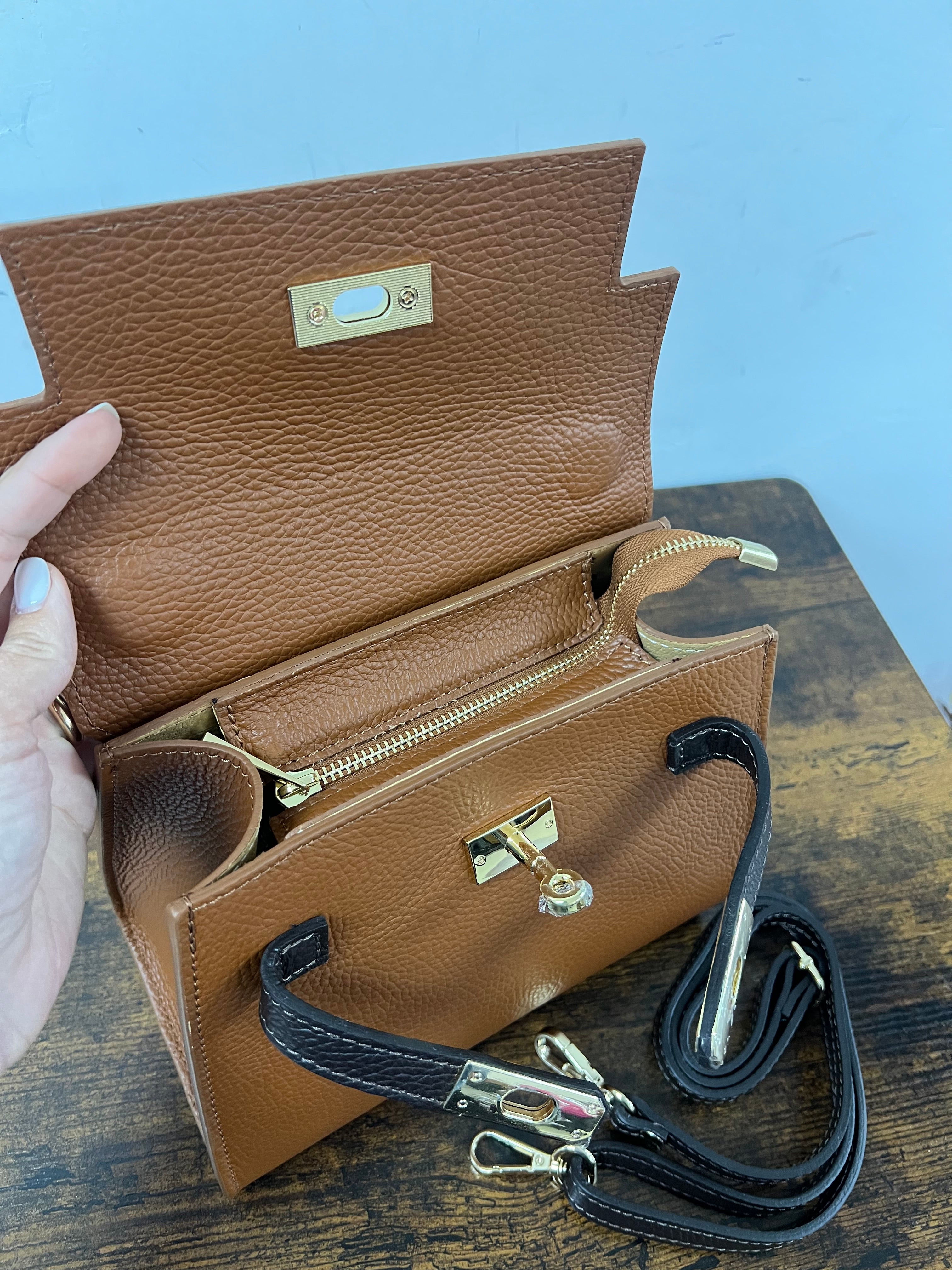 Kellie mini bicolor cuoio scuro e testa di moro