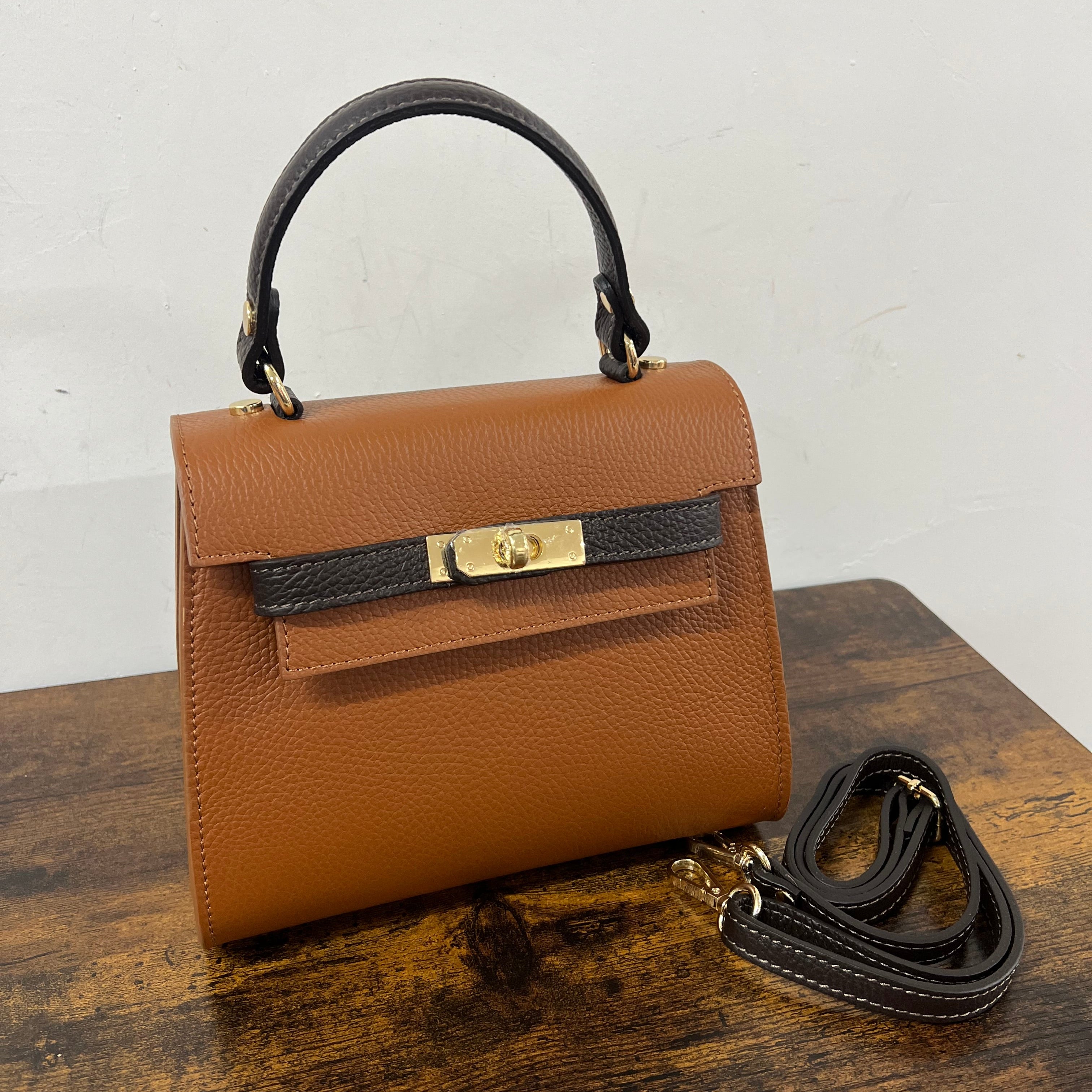 Kellie mini bicolor cuoio scuro e testa di moro