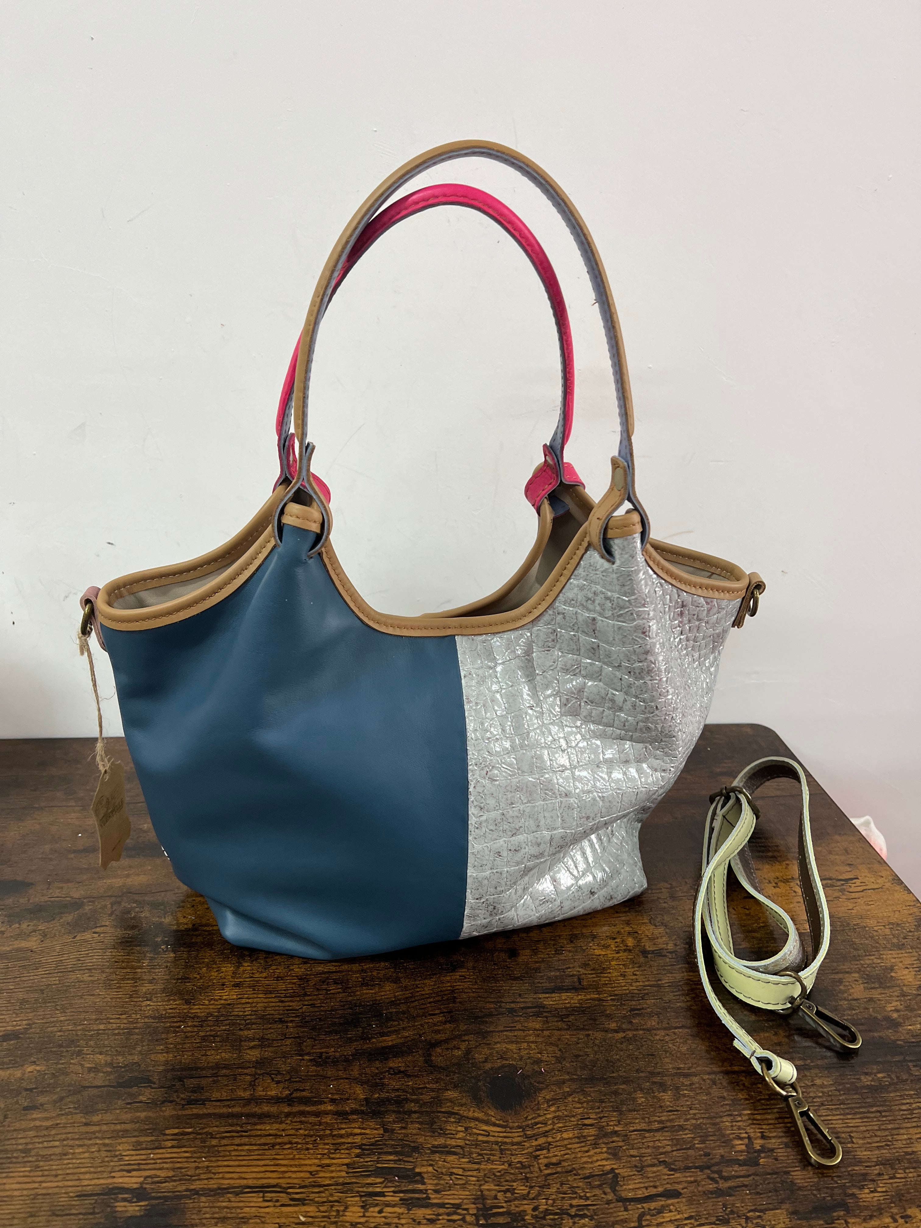 Country shopper patchwork cocco bianco e nero avio argento
