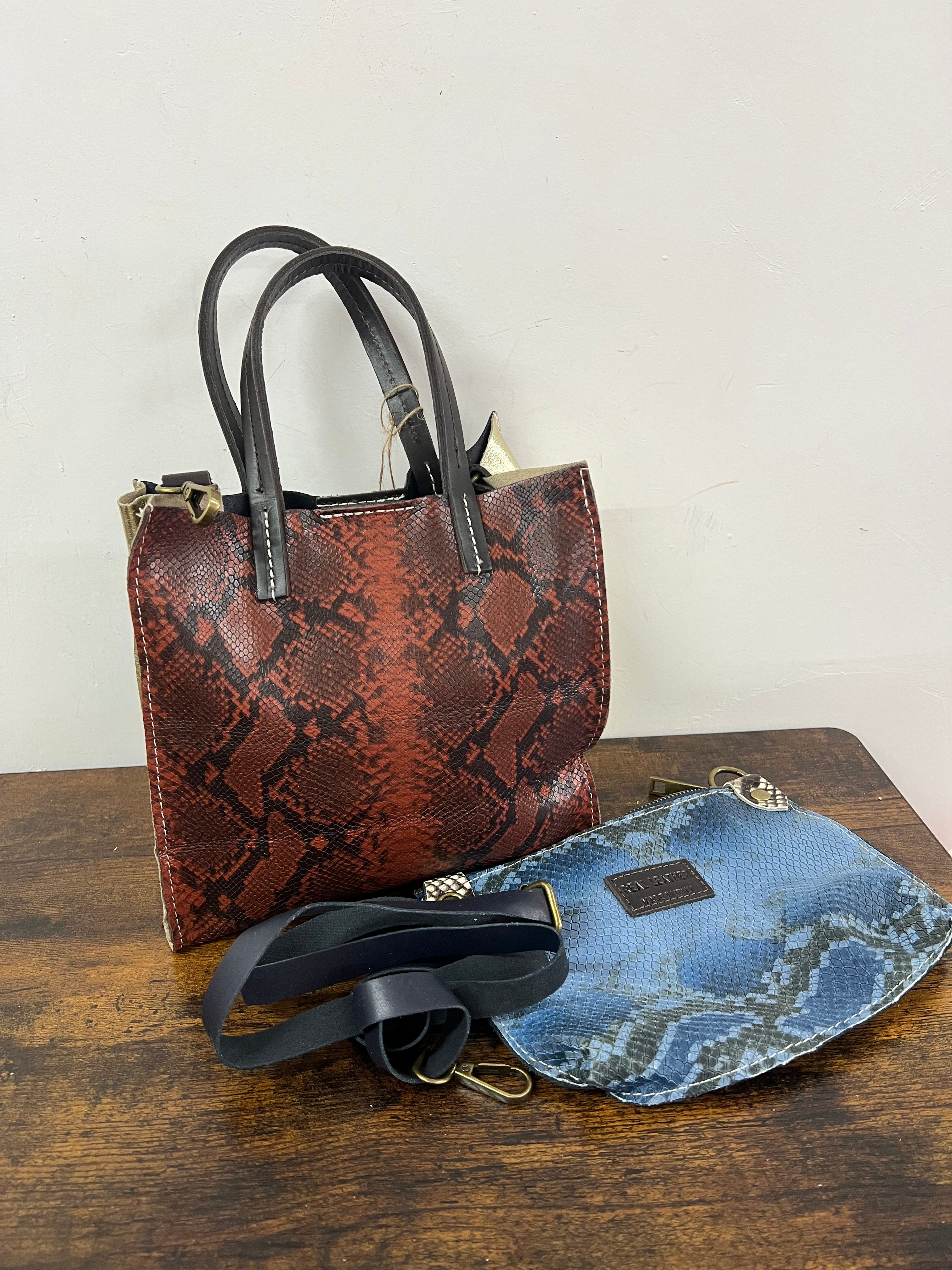 Shopper mini patchwork animalier viola e mattone