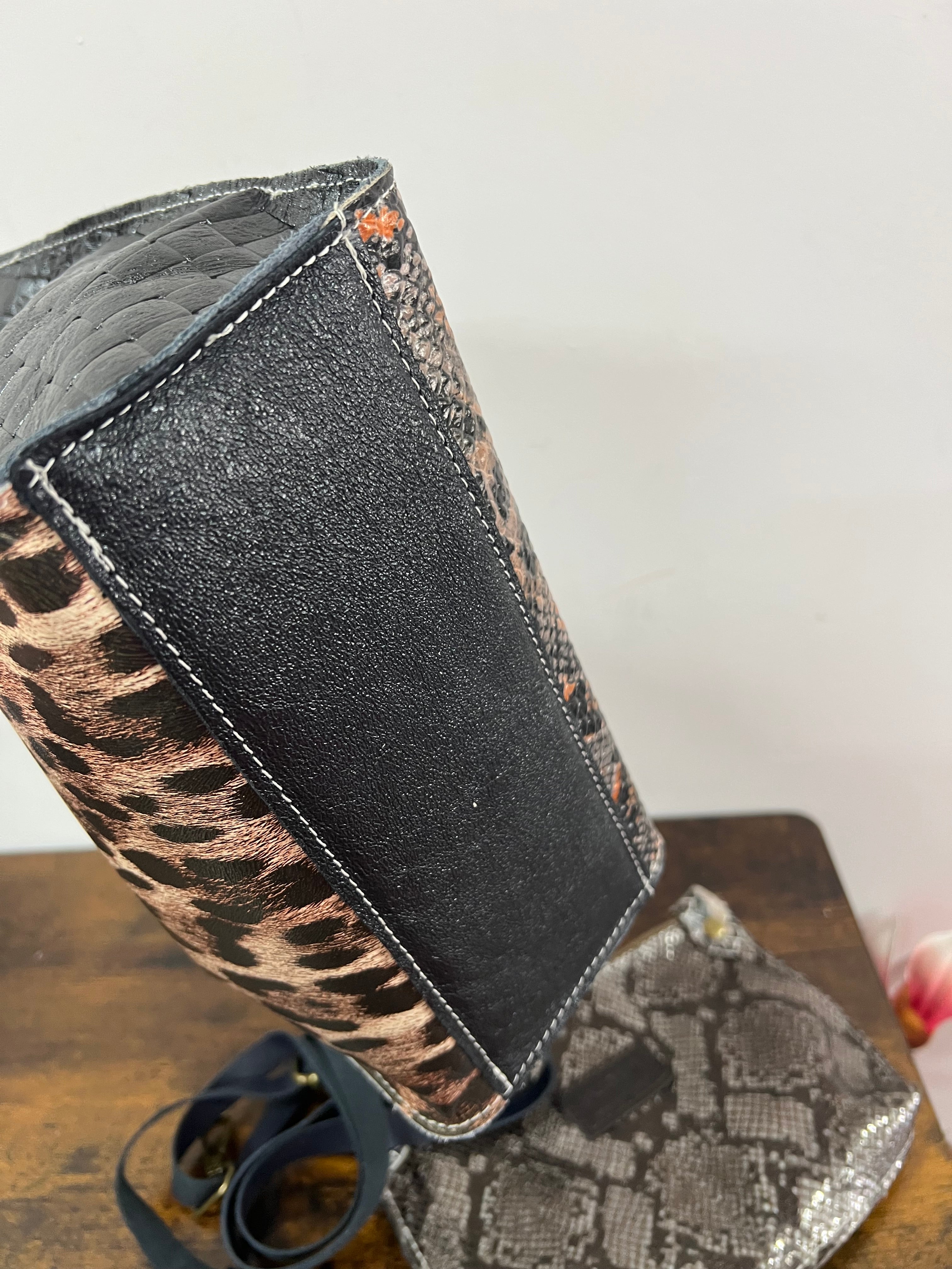 Shopper mini patchwork animalier nero arancio e mac original