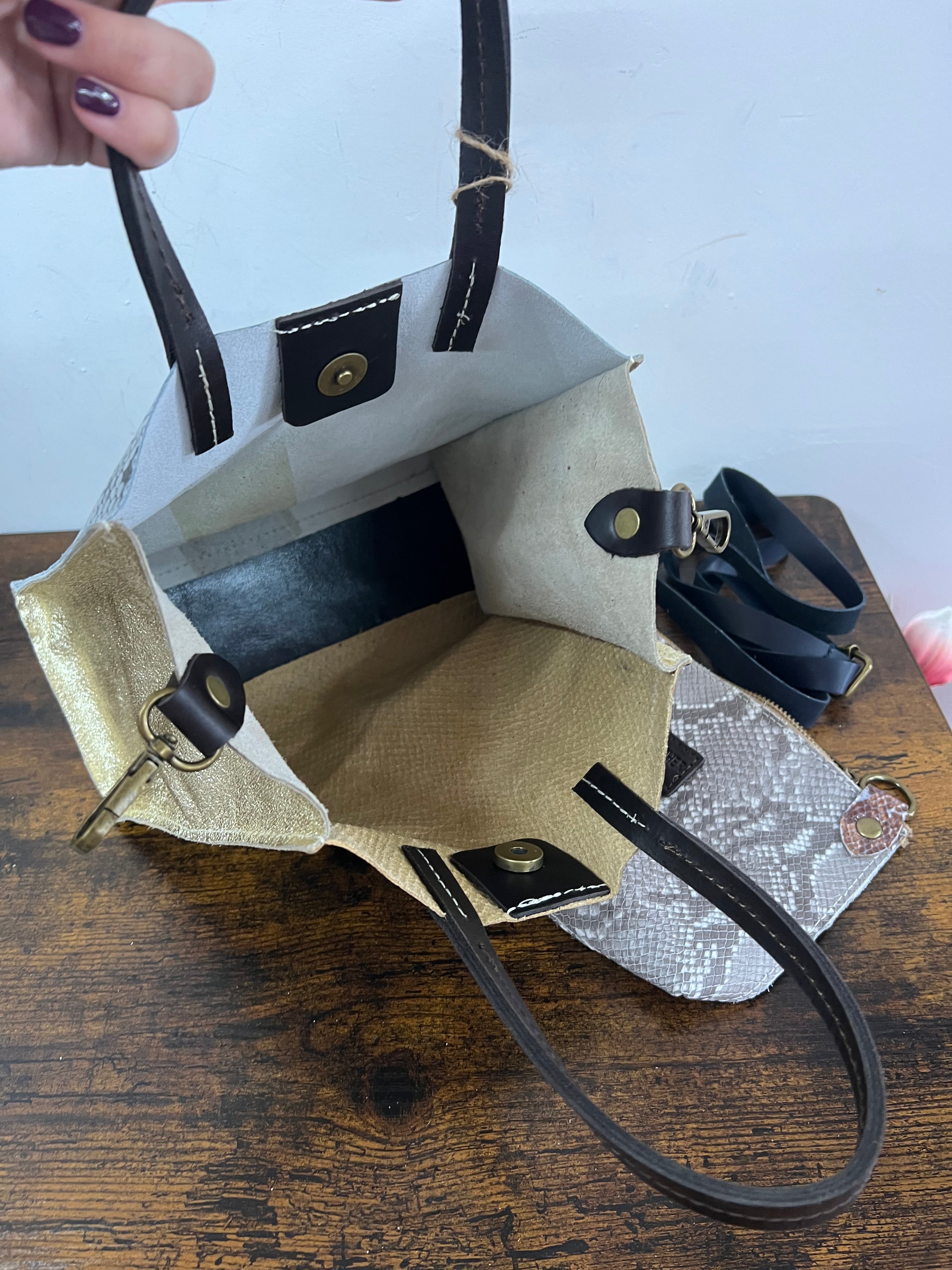 Shopper mini patchwork animalier ghiaccio e caramello