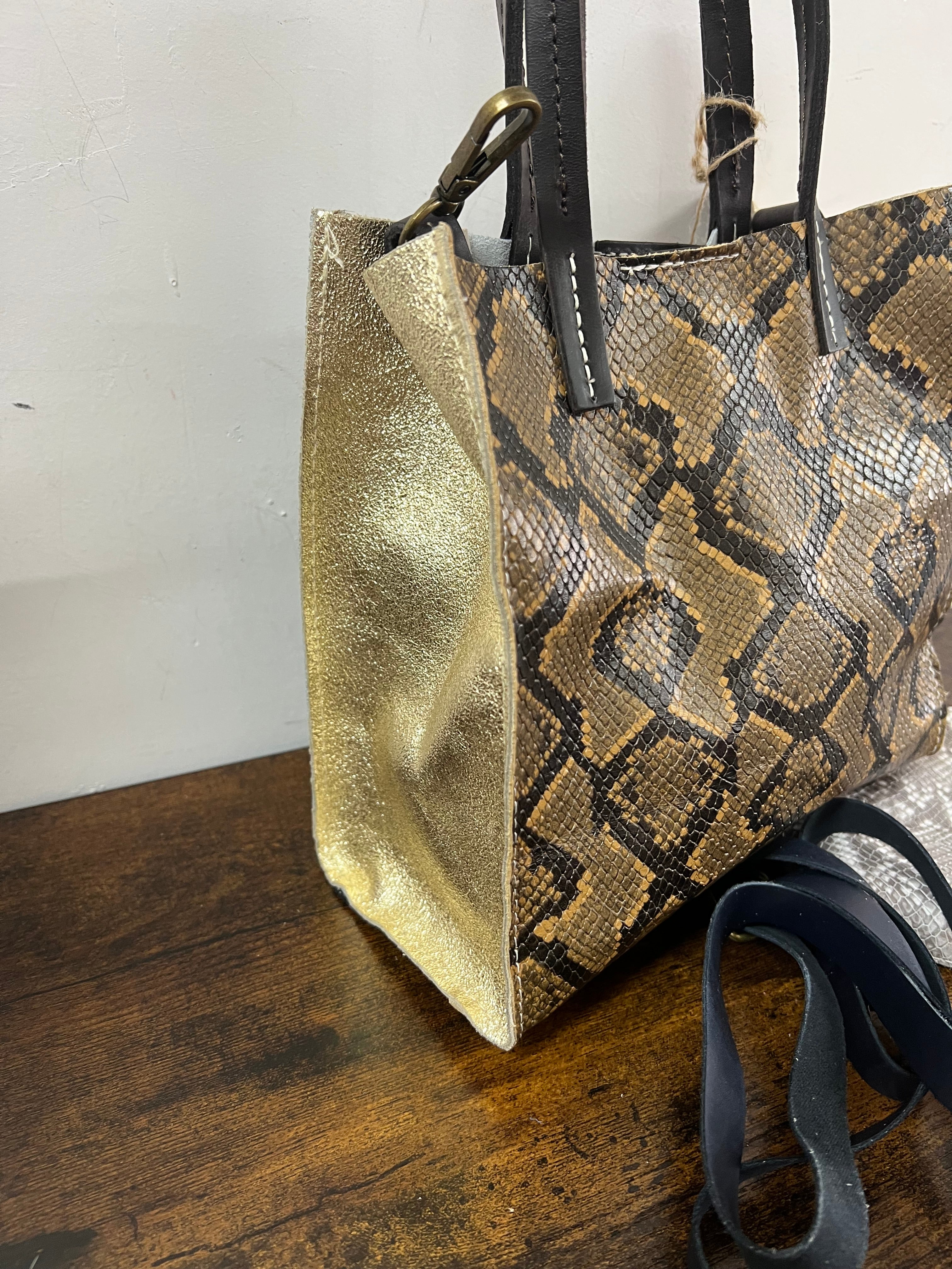 Shopper mini patchwork animalier ghiaccio e caramello