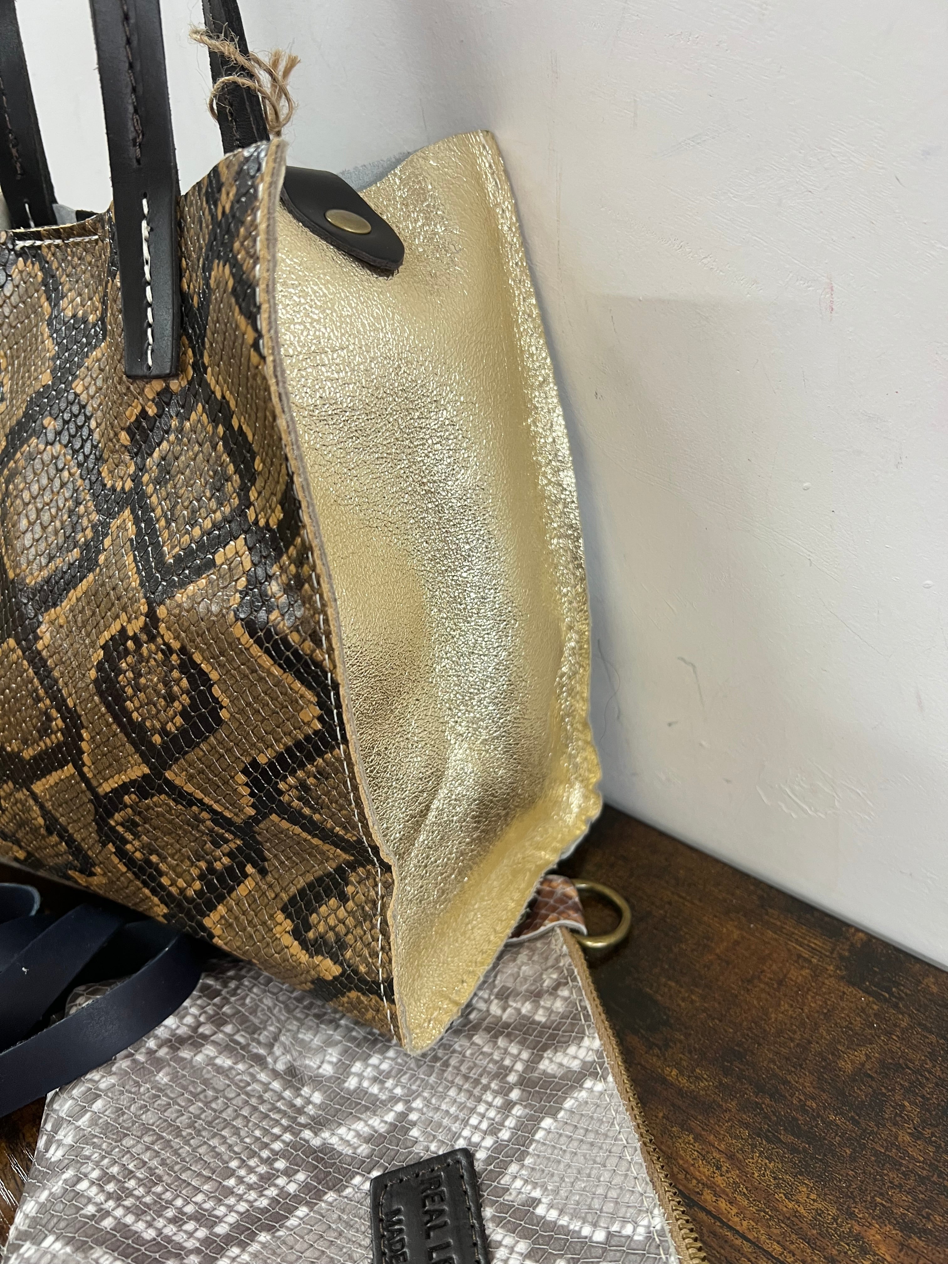 Shopper mini patchwork animalier ghiaccio e caramello