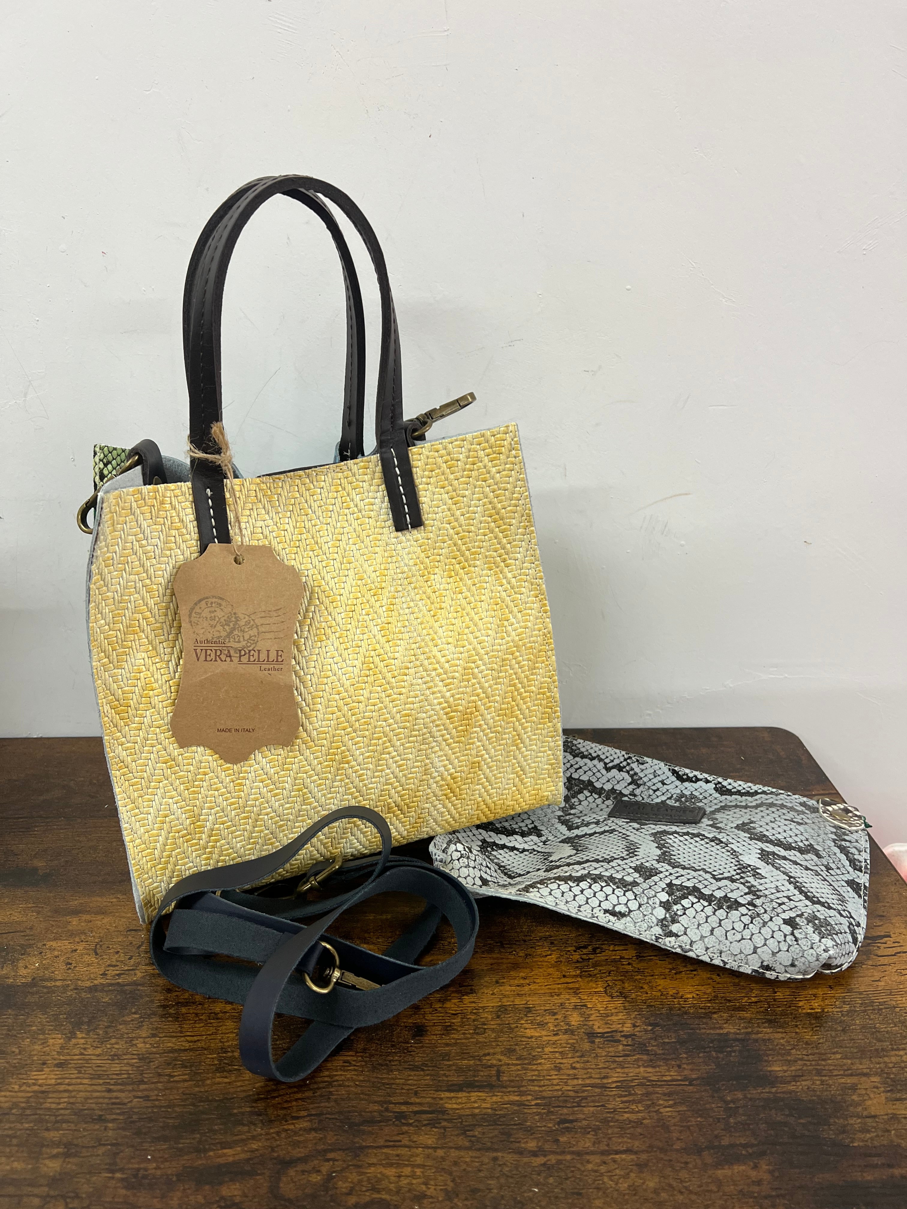 Shopper mini patchwork animalier turchese e giallo