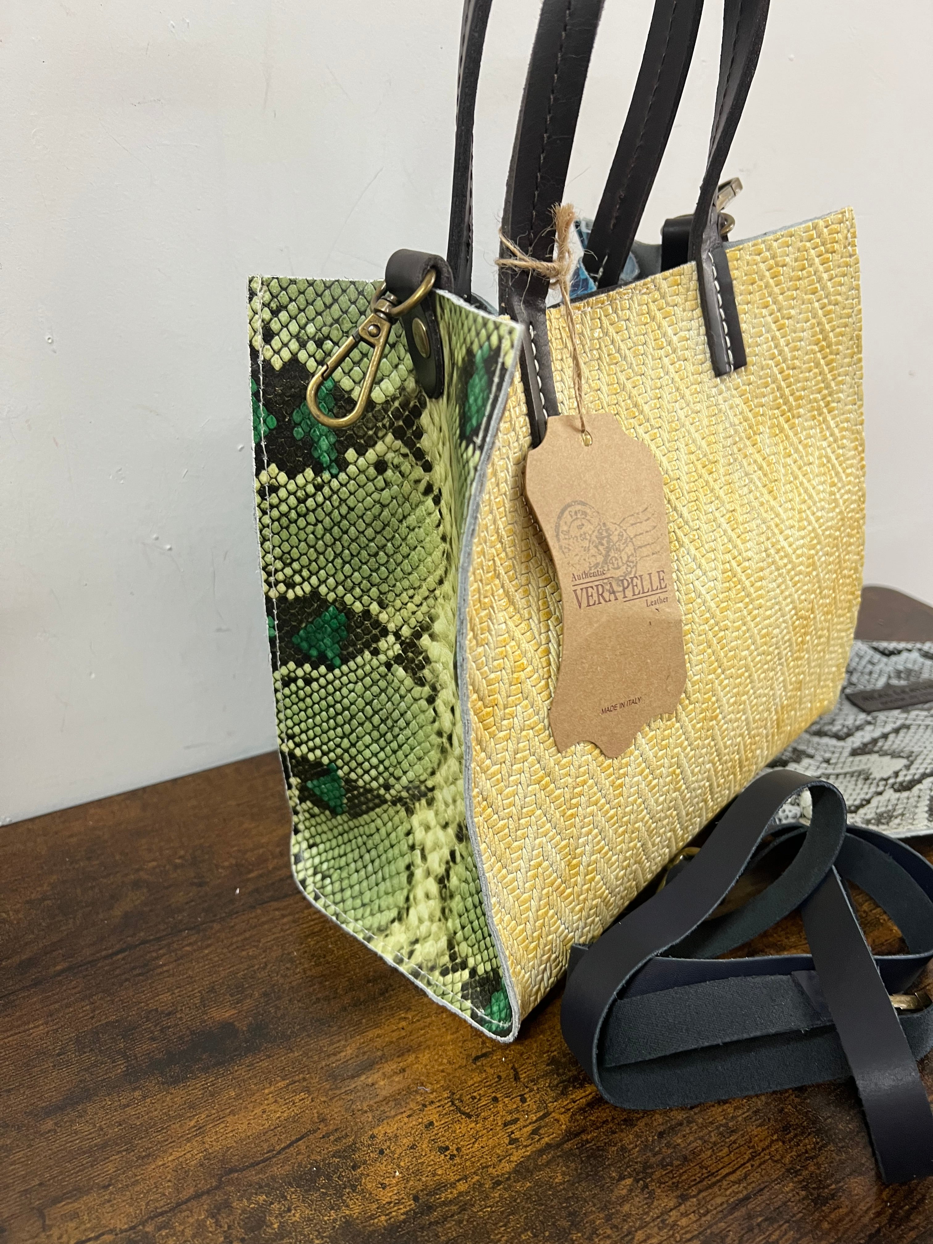 Shopper mini patchwork animalier turchese e giallo