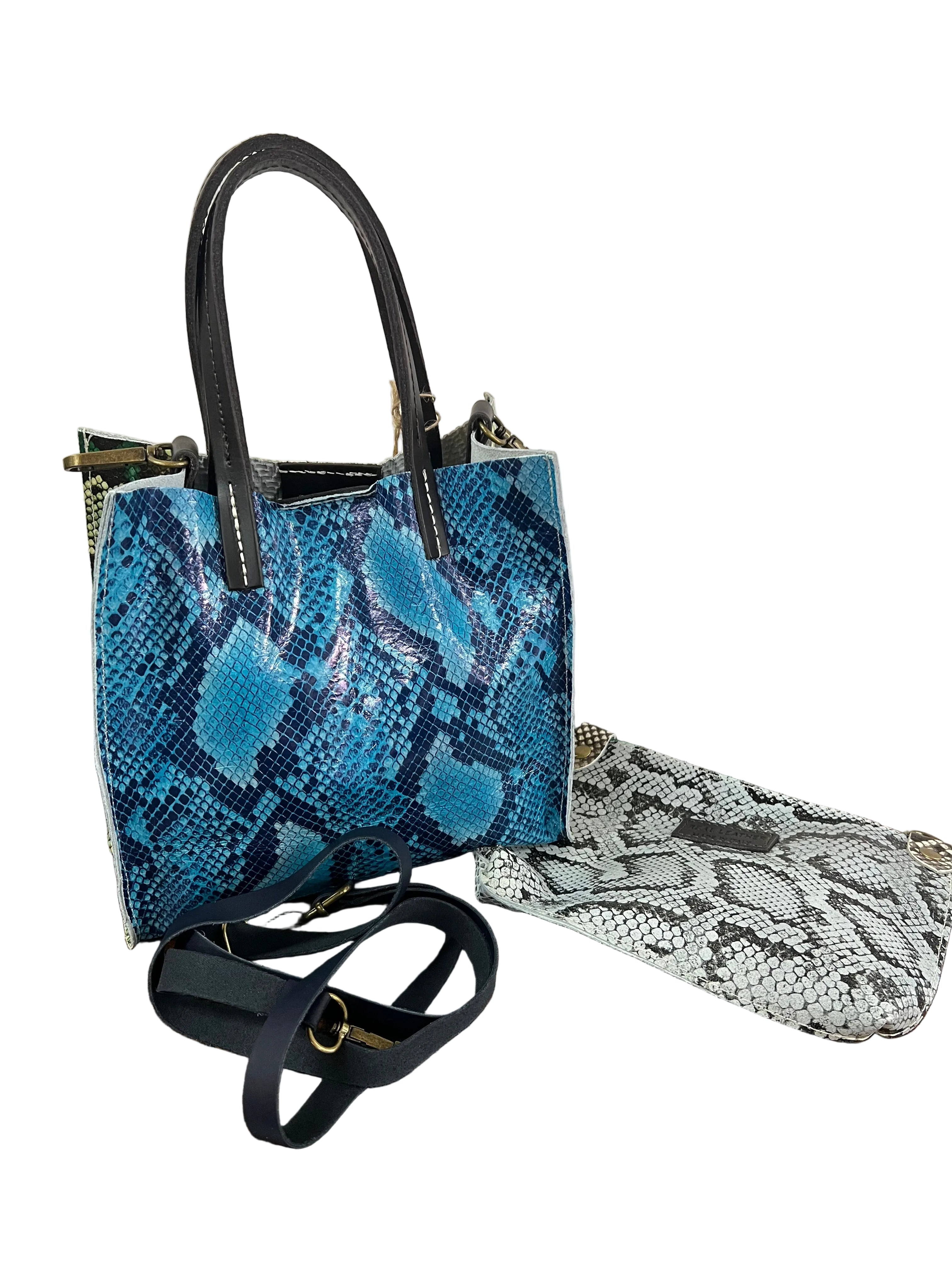 Shopper mini patchwork animalier turchese e giallo