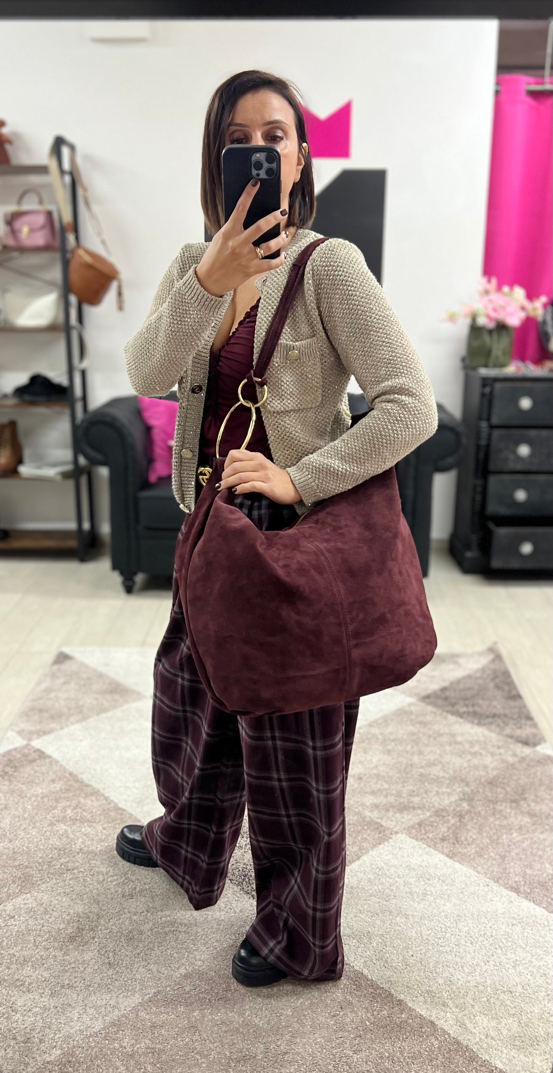 Shopper anelli extra suede vinaccia