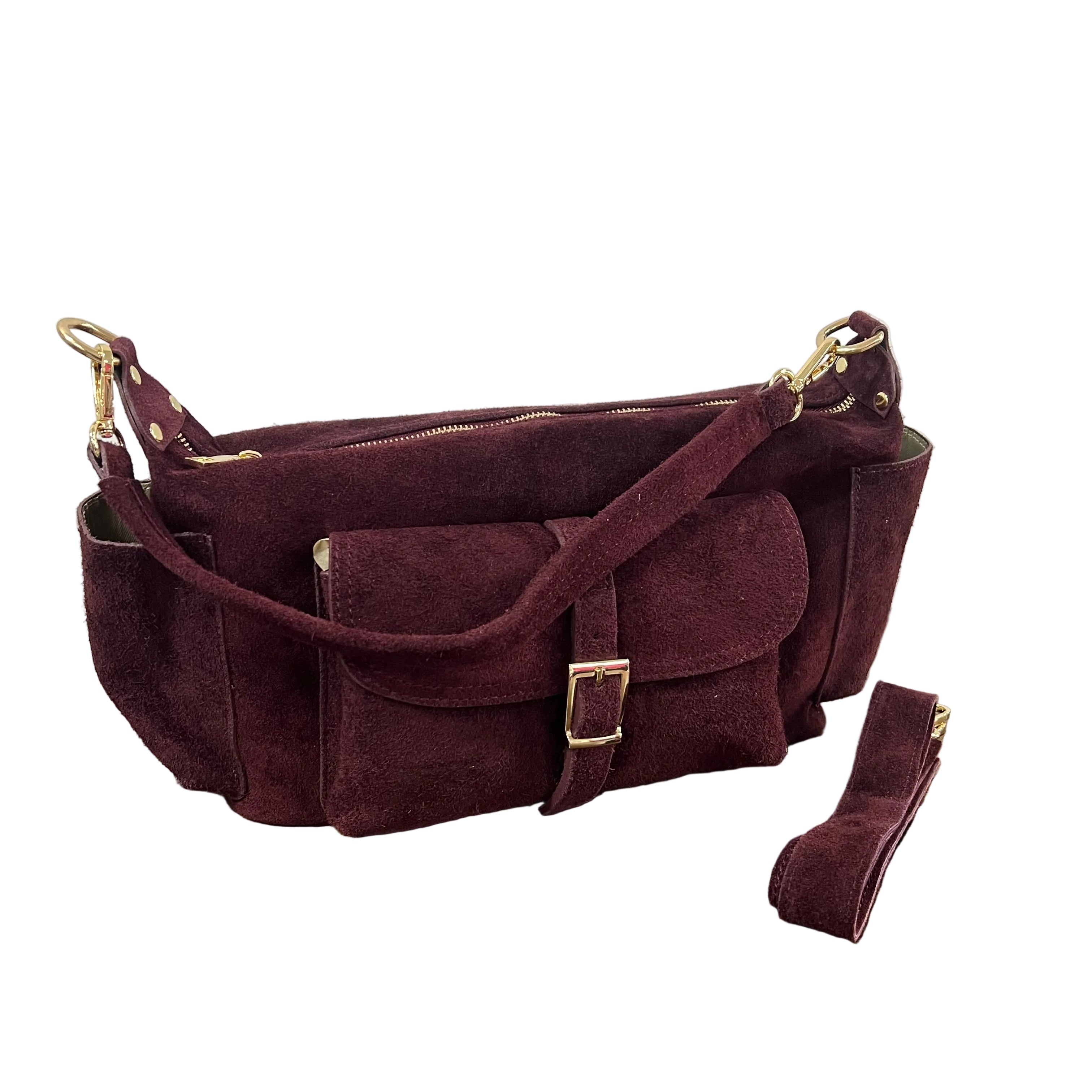 Mega baguette vera pelle suede vinaccia