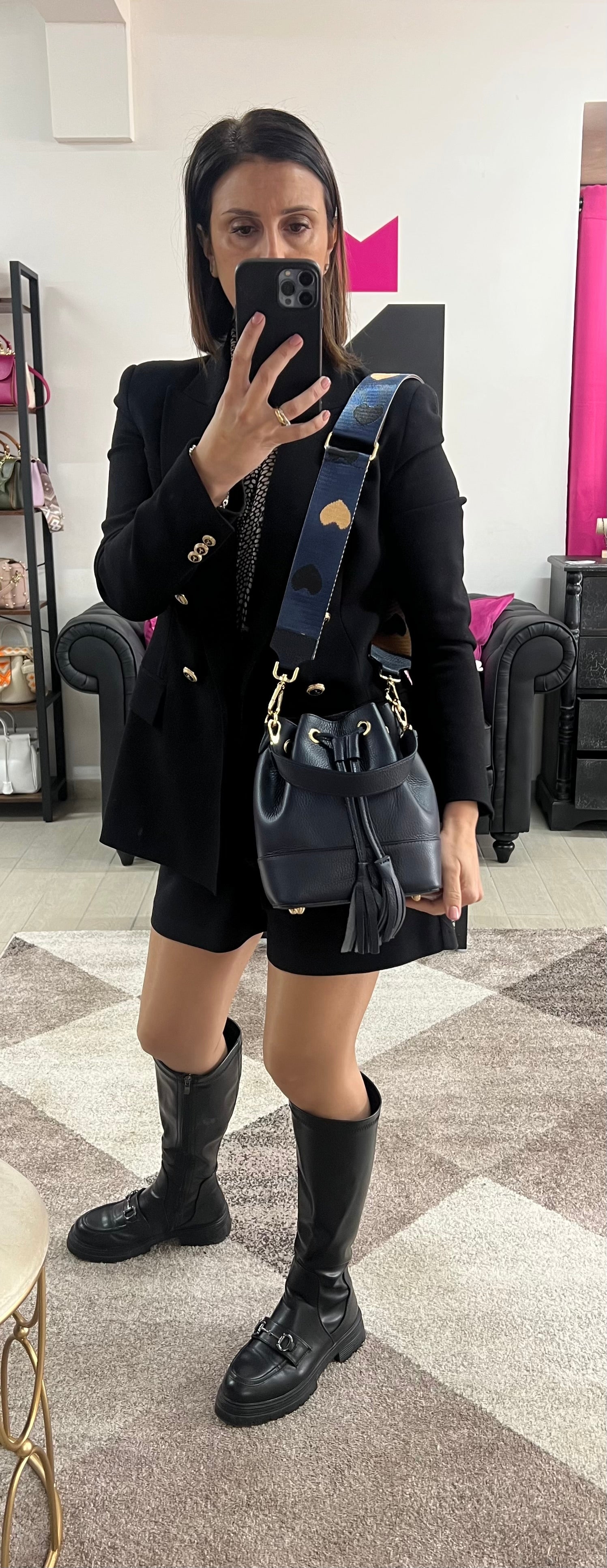Sacchetto frange mini blu navy e trac love