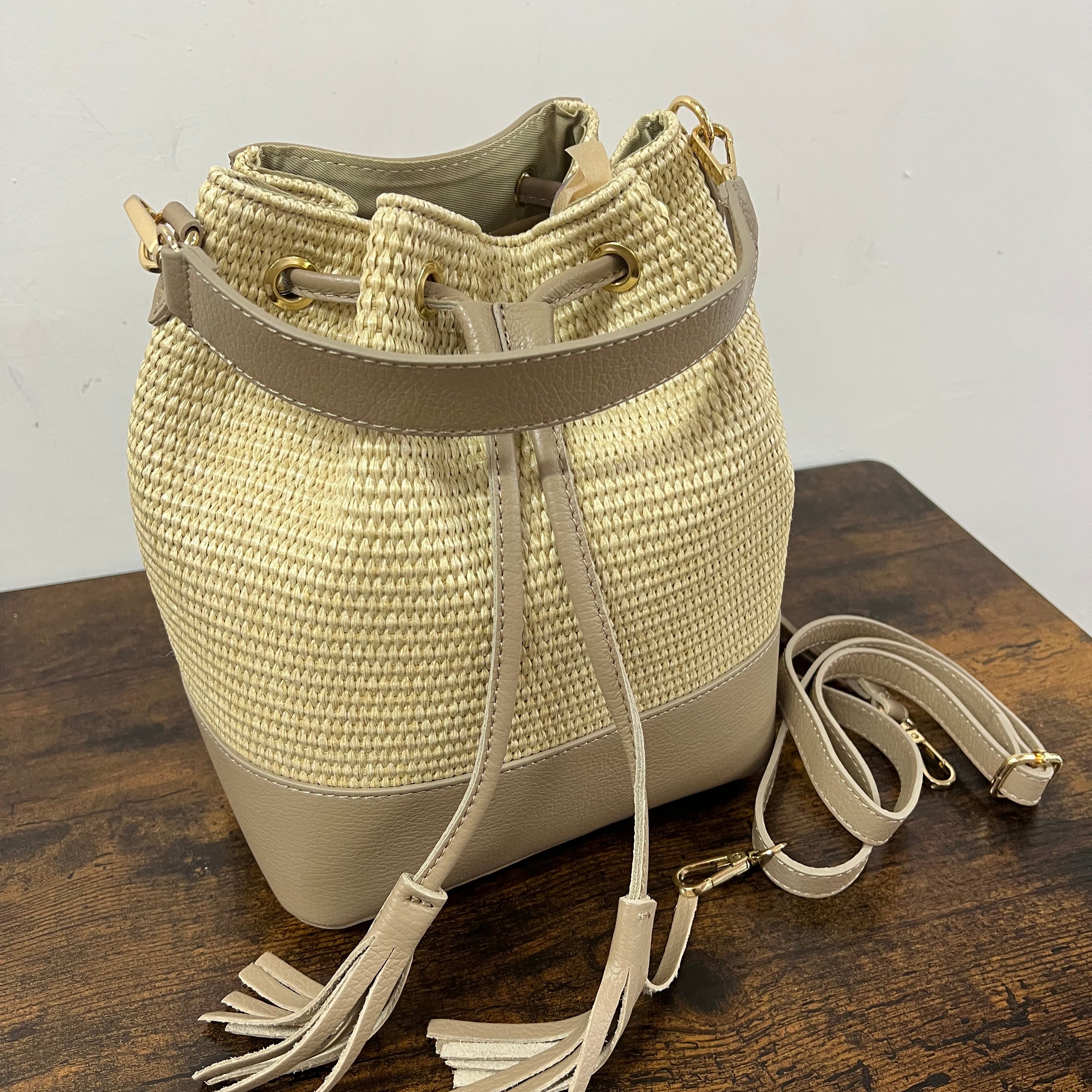 Sacchetto frange mini z rafia tortora