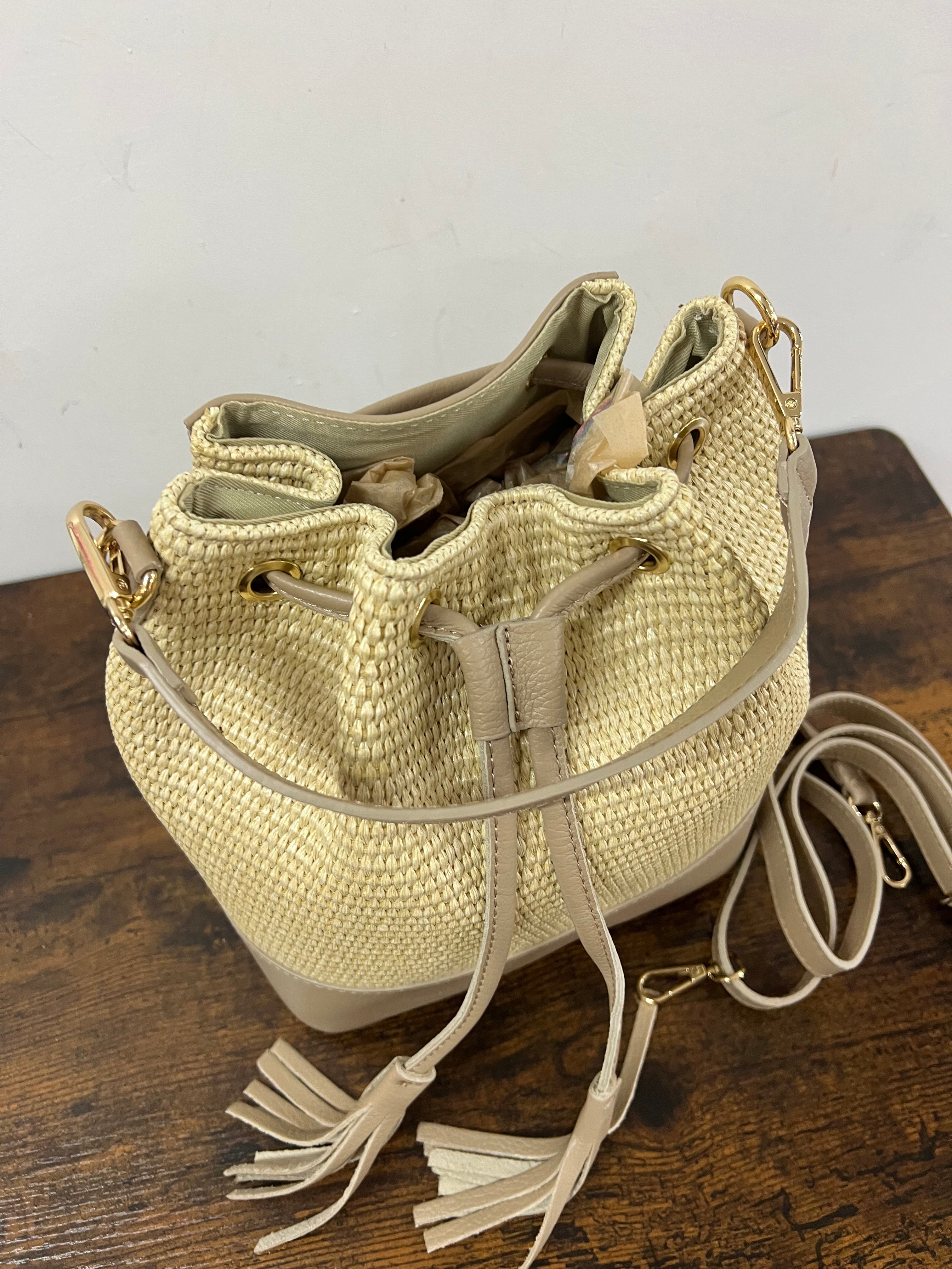 Sacchetto frange mini z rafia tortora