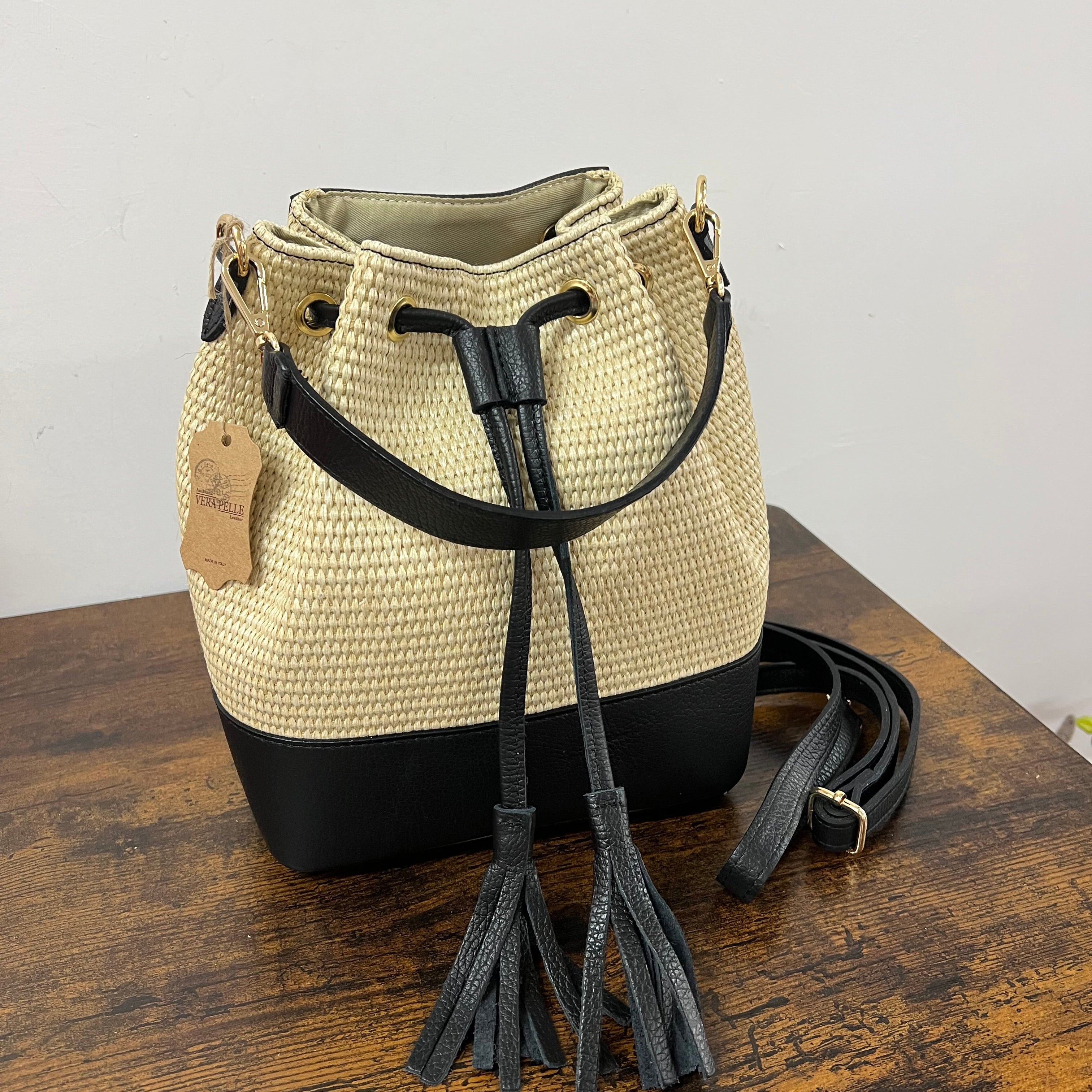 Sacchetto frange maxi z rafia nero