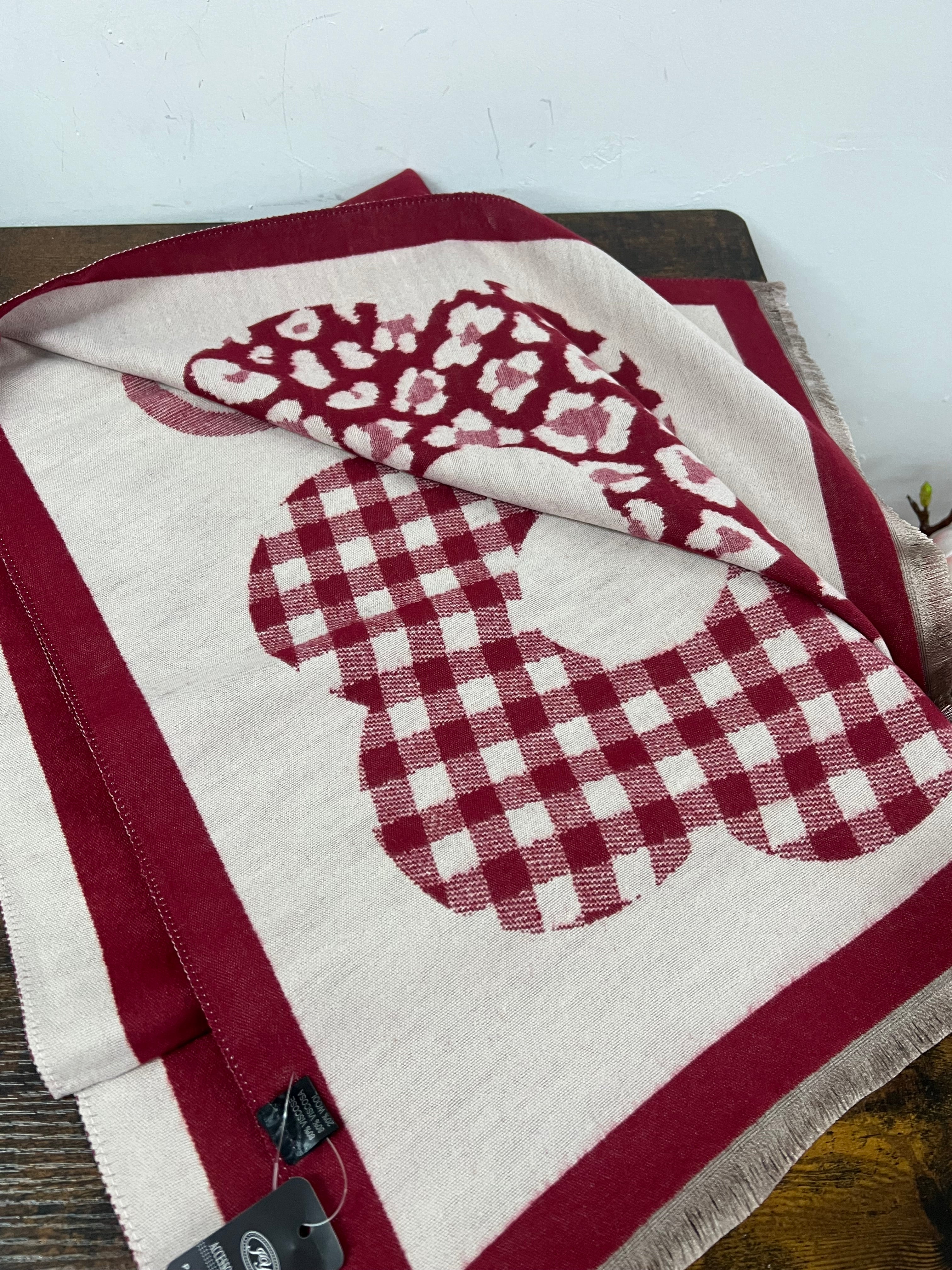 Sciarpona misto lana fiori check rosso intenso