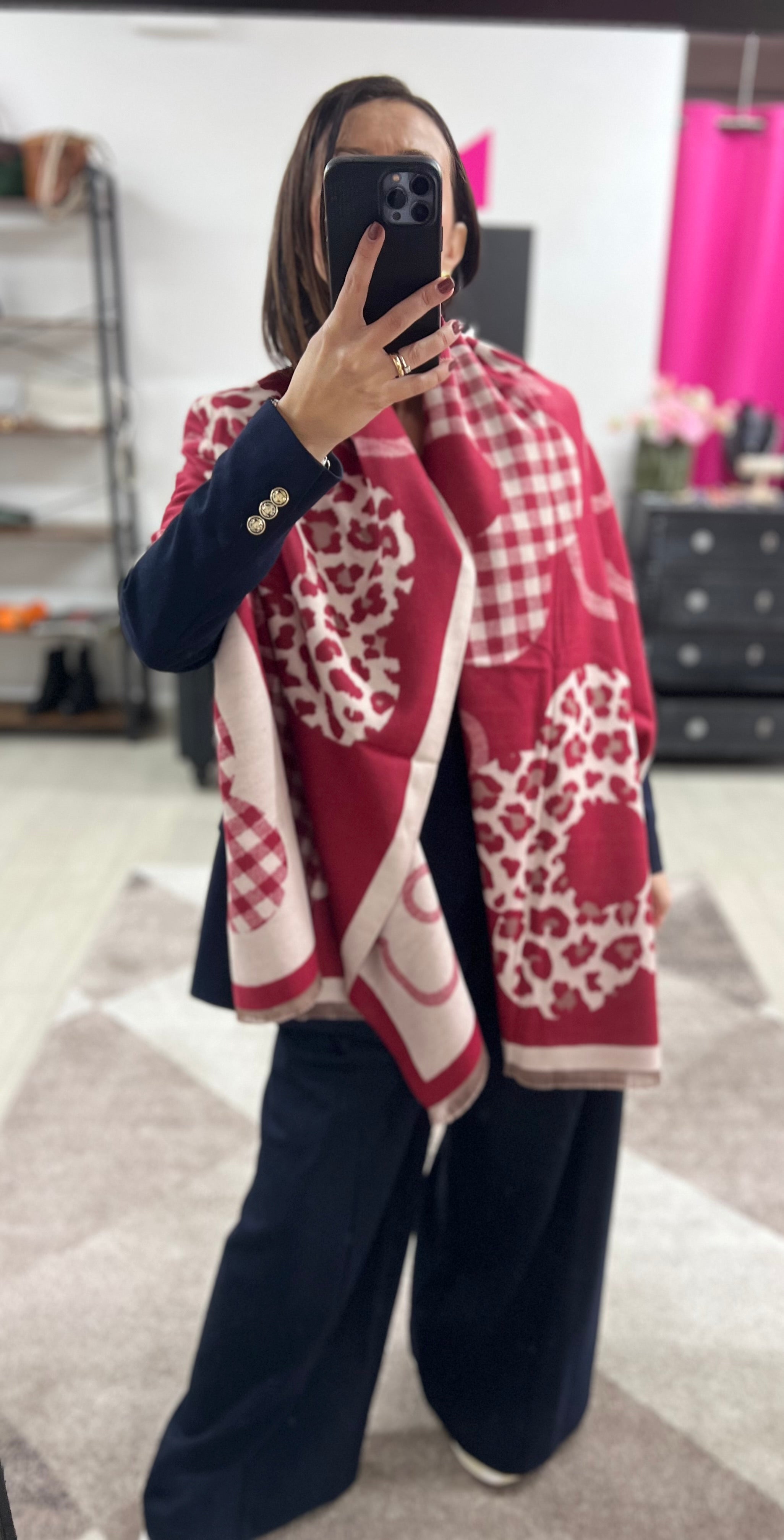 Sciarpona misto lana fiori check rosso intenso