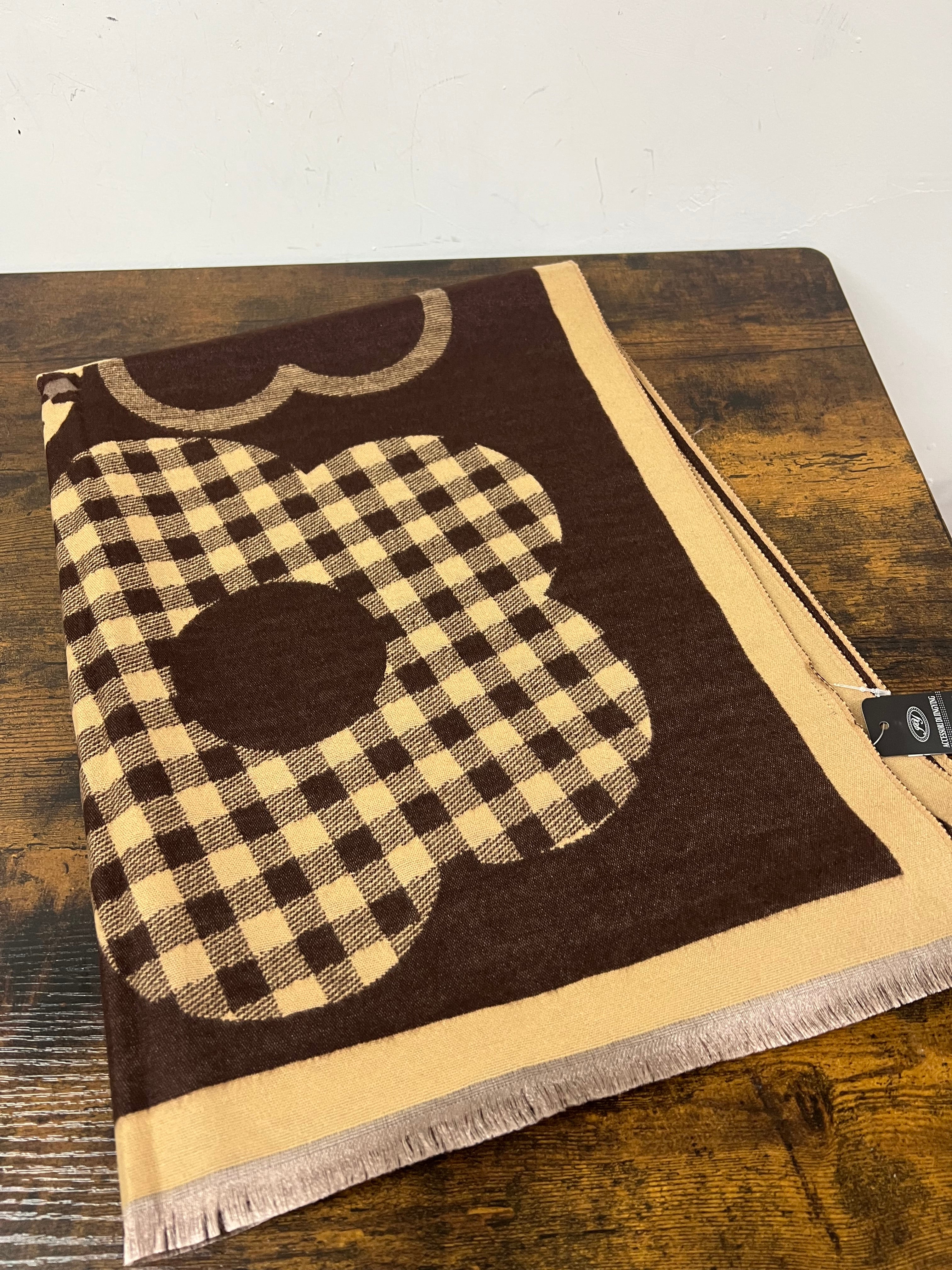 Dark brown camel check wool blend scarf