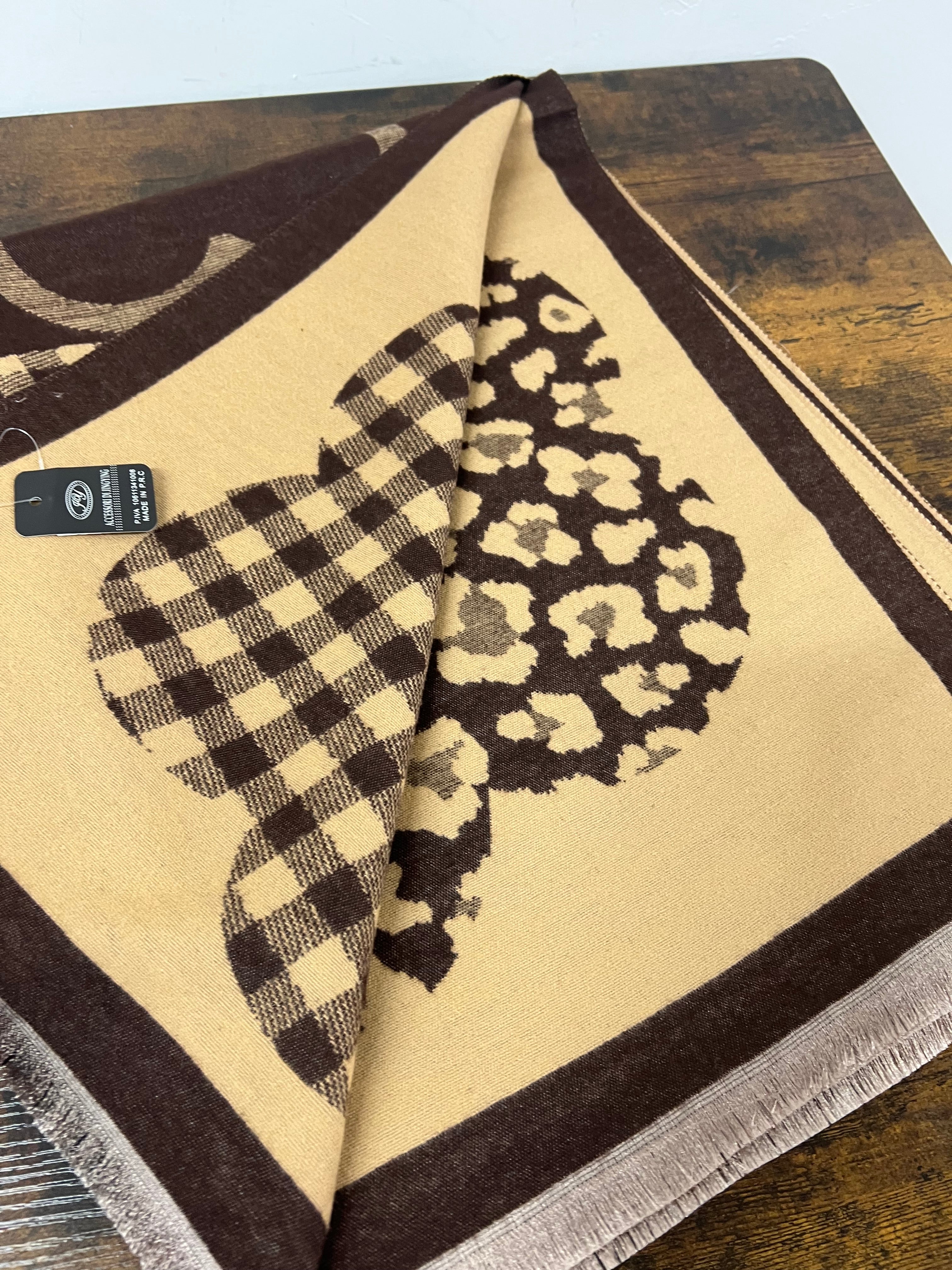 Dark brown camel check wool blend scarf