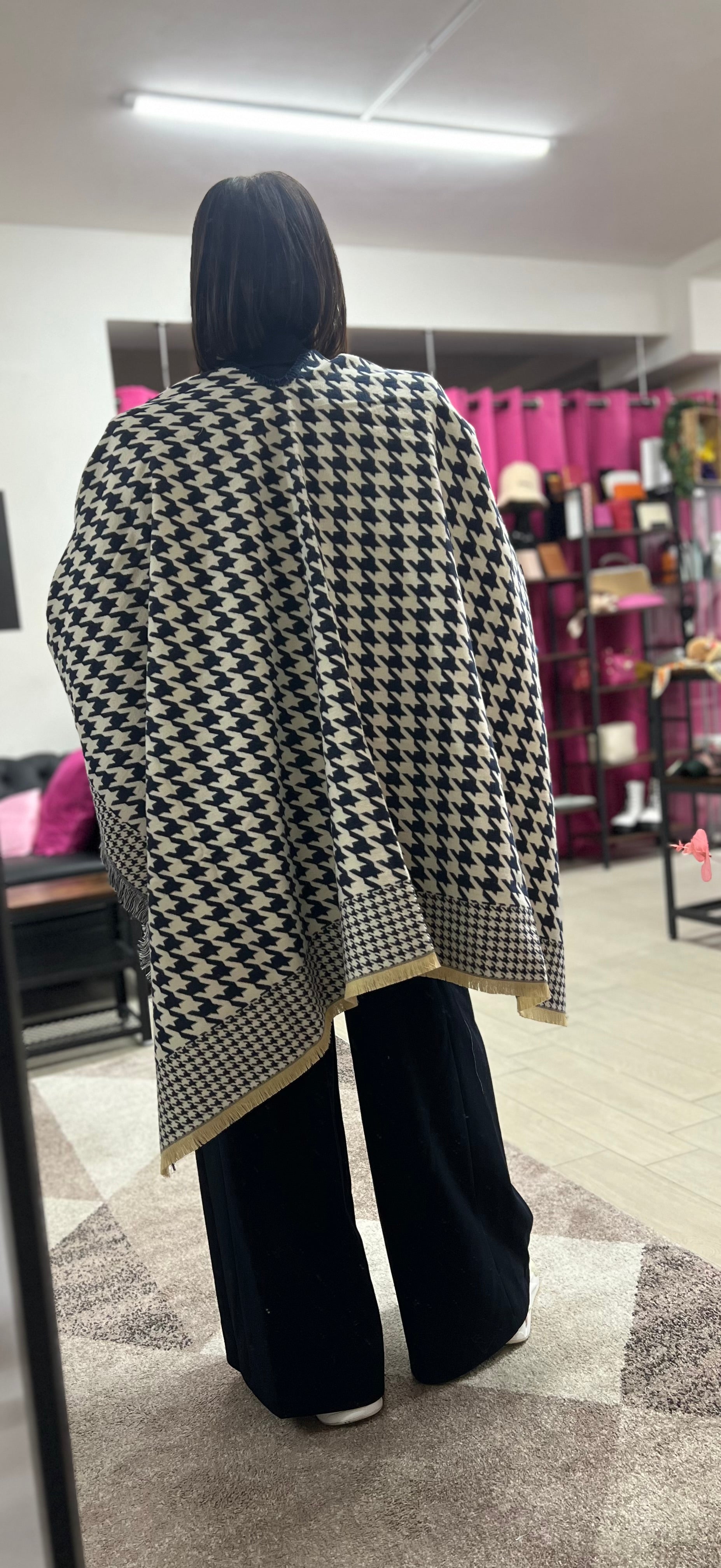 Navy and cream houndstooth cape