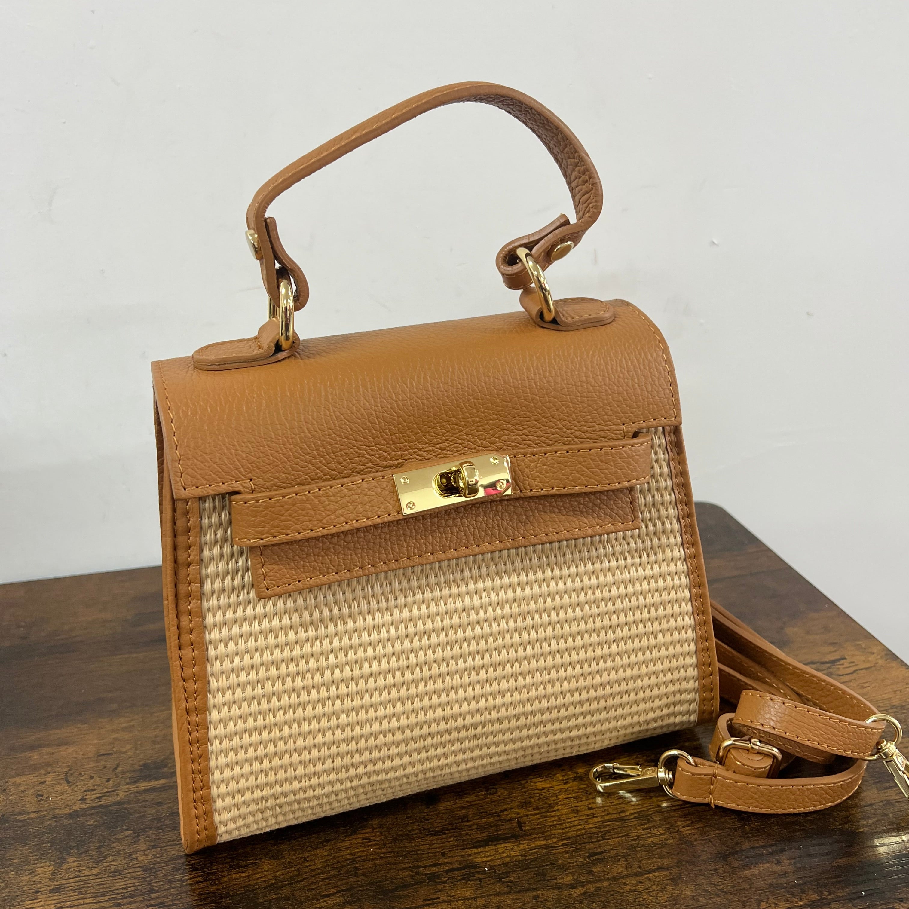 Kellie mini z rafia cuoio chiaro