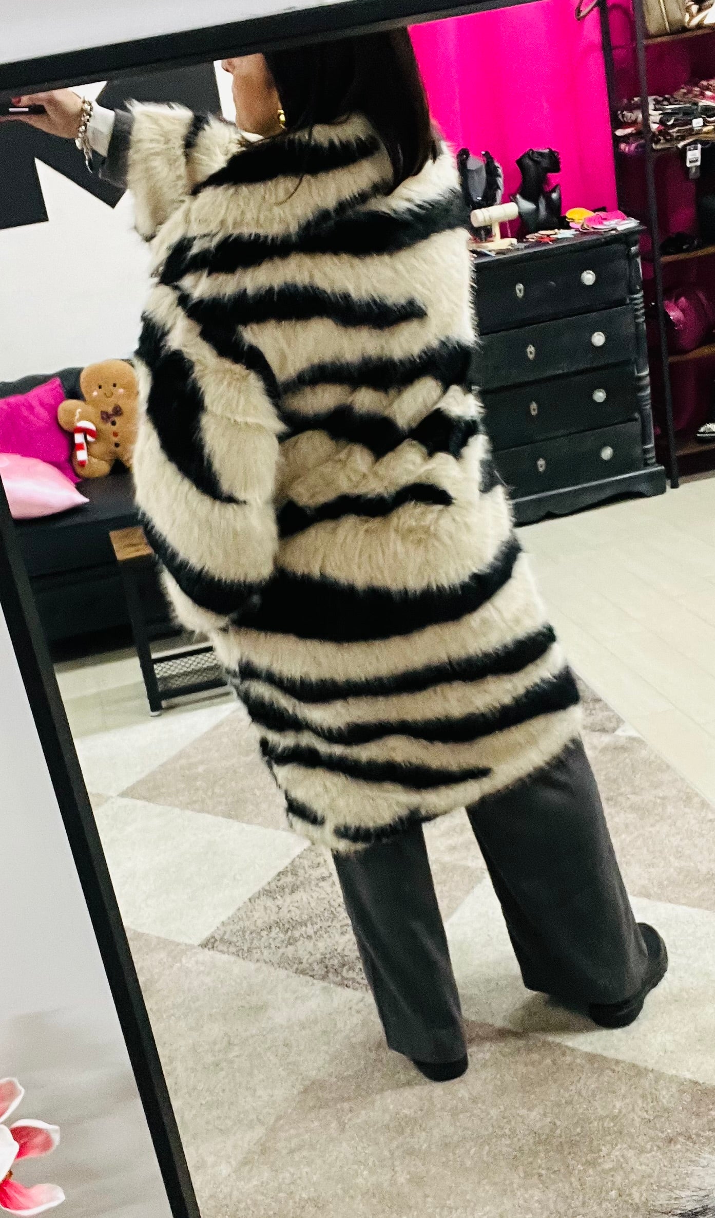 Cream and black faux fur midi zebra coat
