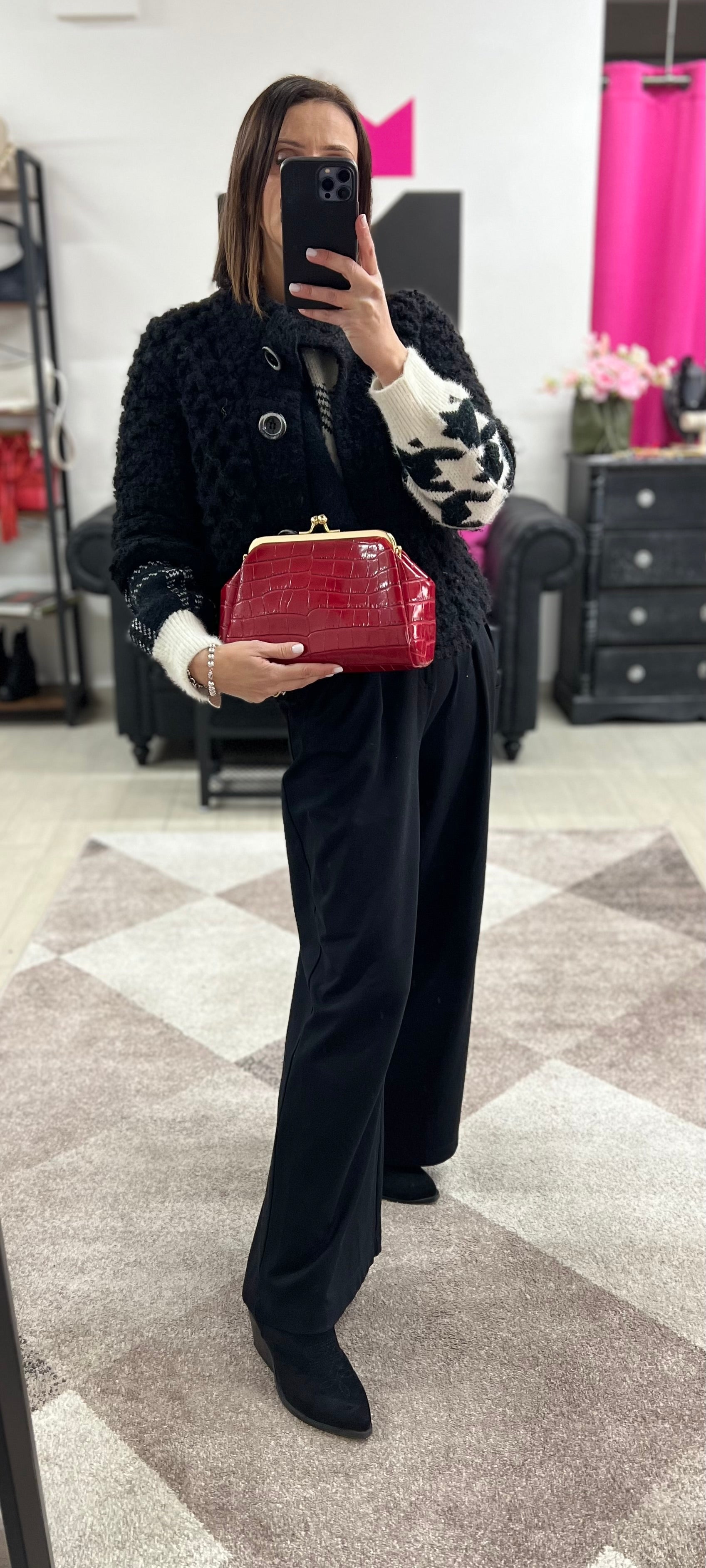 Large red patent crocodile print pouch