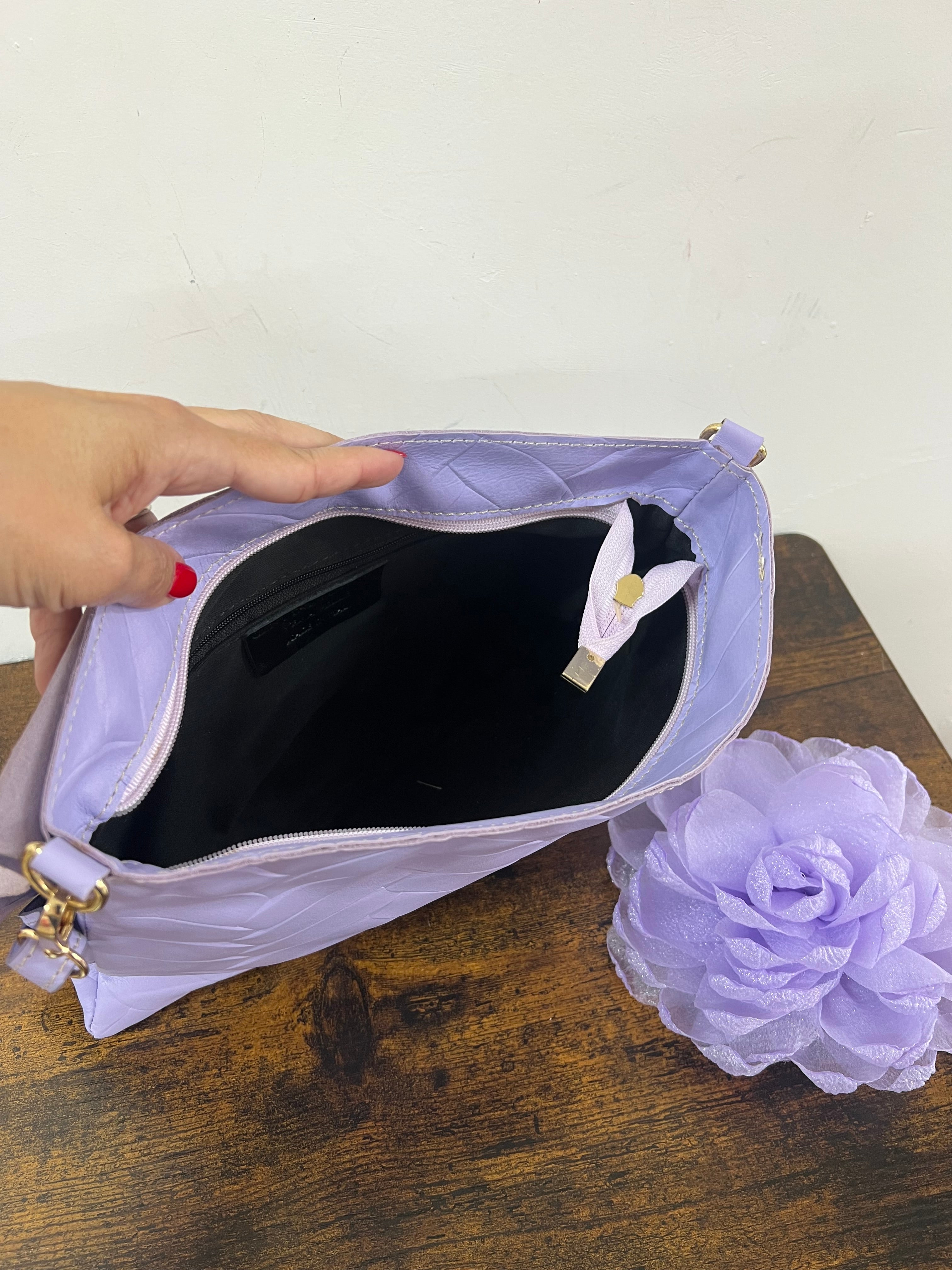 Pochette spiga lilla e spilla flower