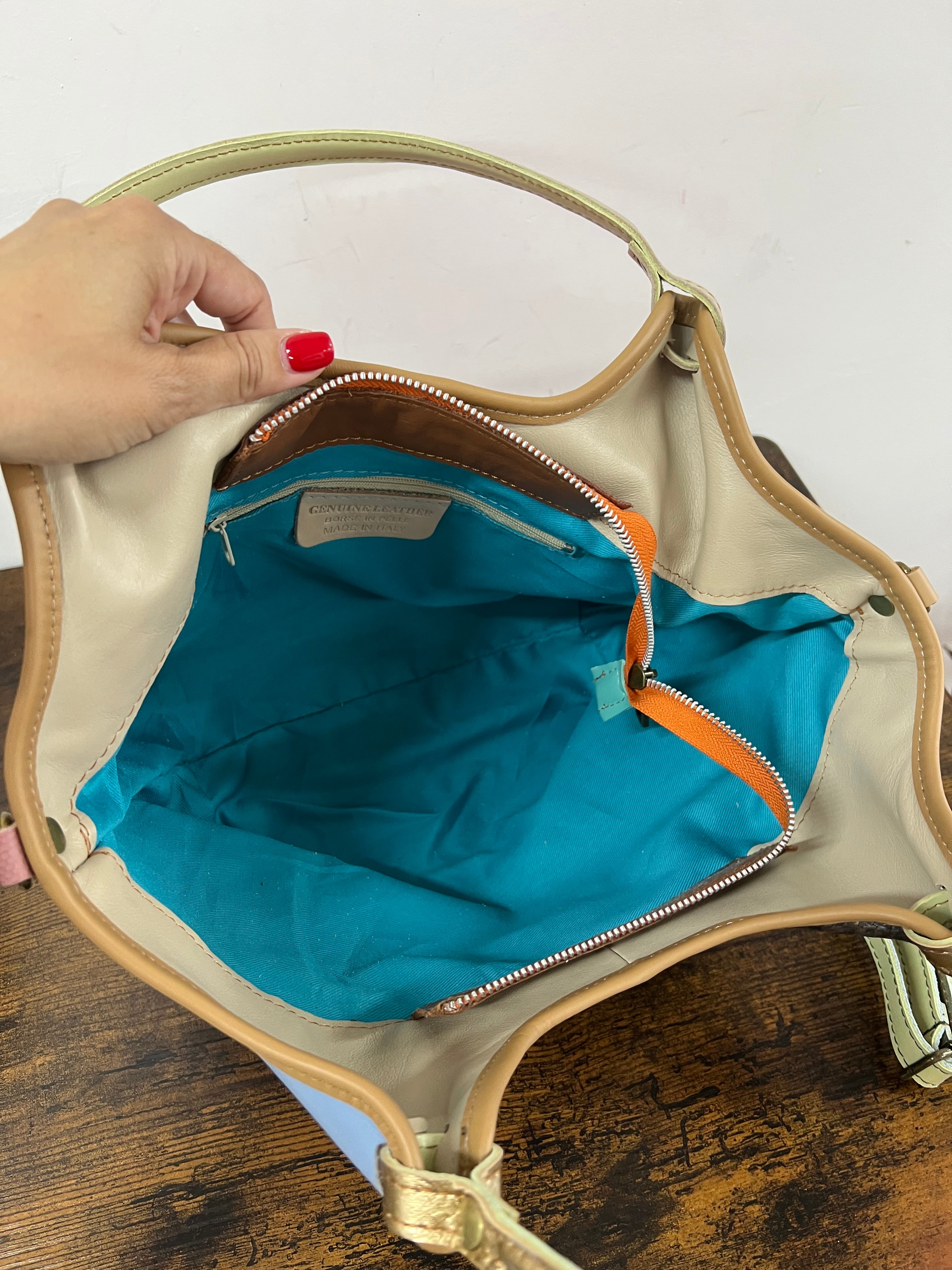 Shopper patchwork arancio argento blu elettrico