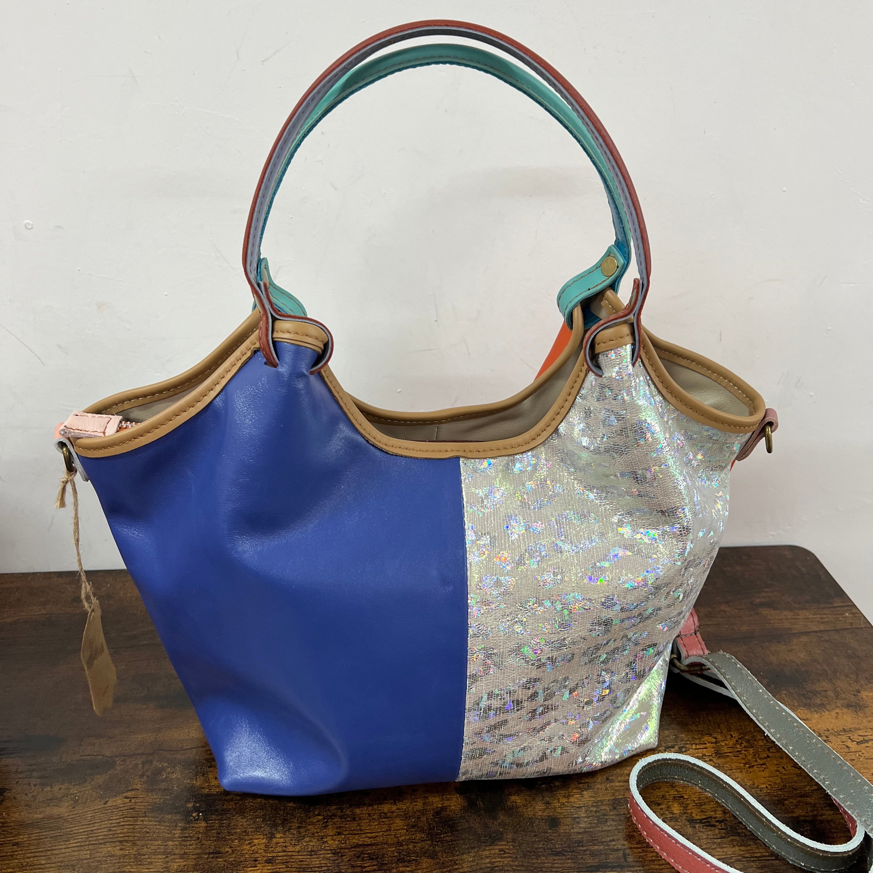Shopper patchwork arancio argento blu elettrico