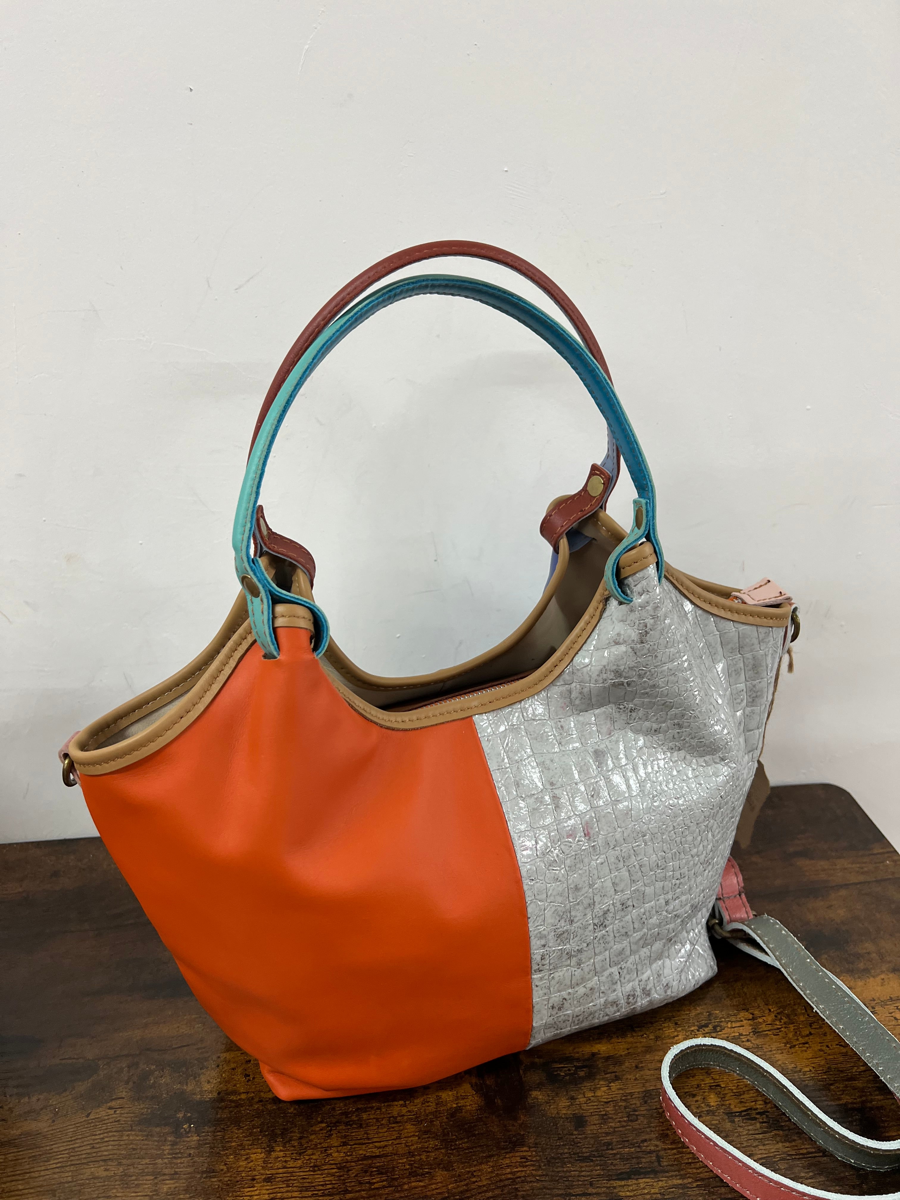 Shopper patchwork arancio argento blu elettrico