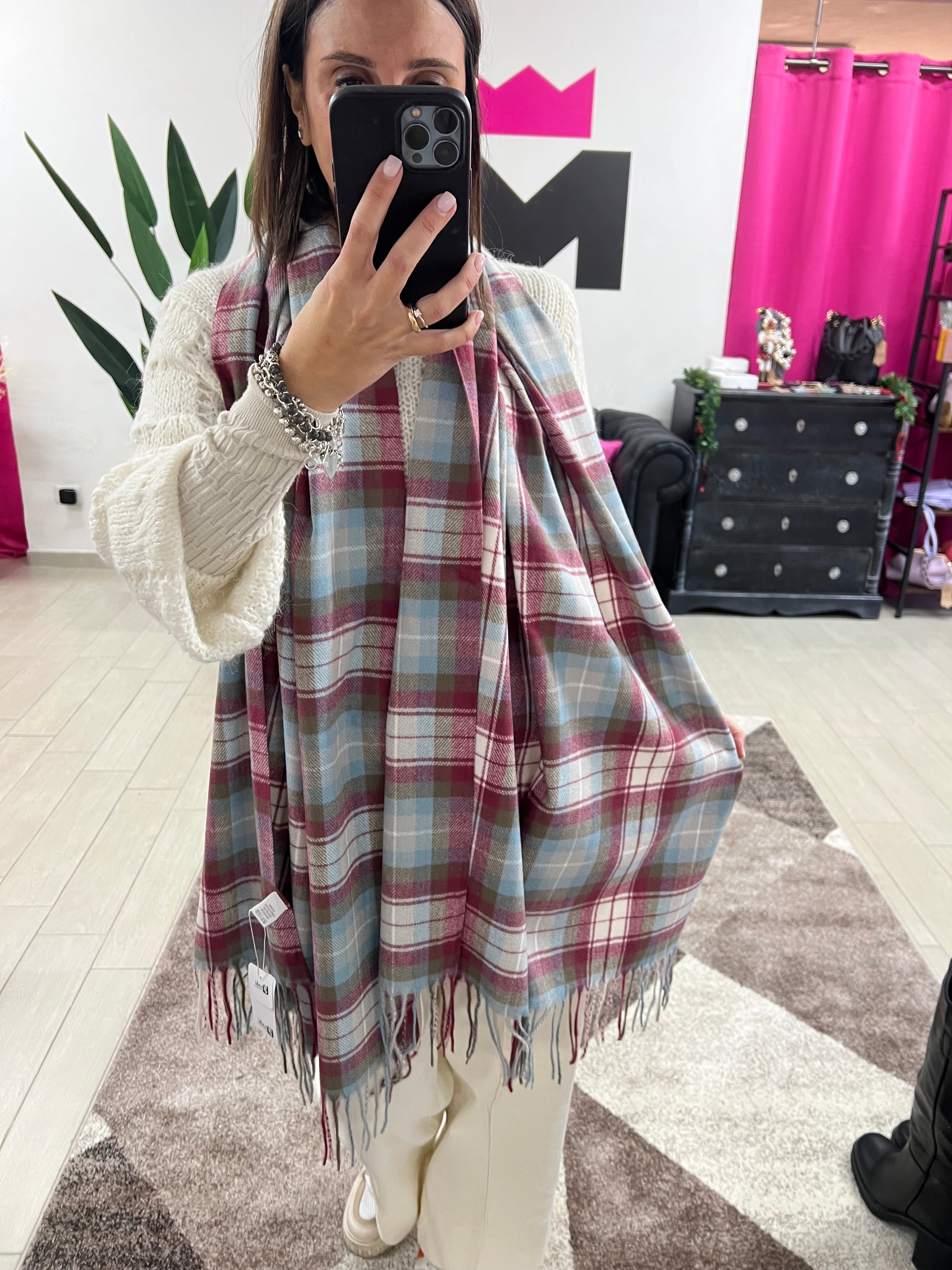 Sciarpona tartan amaranto celeste