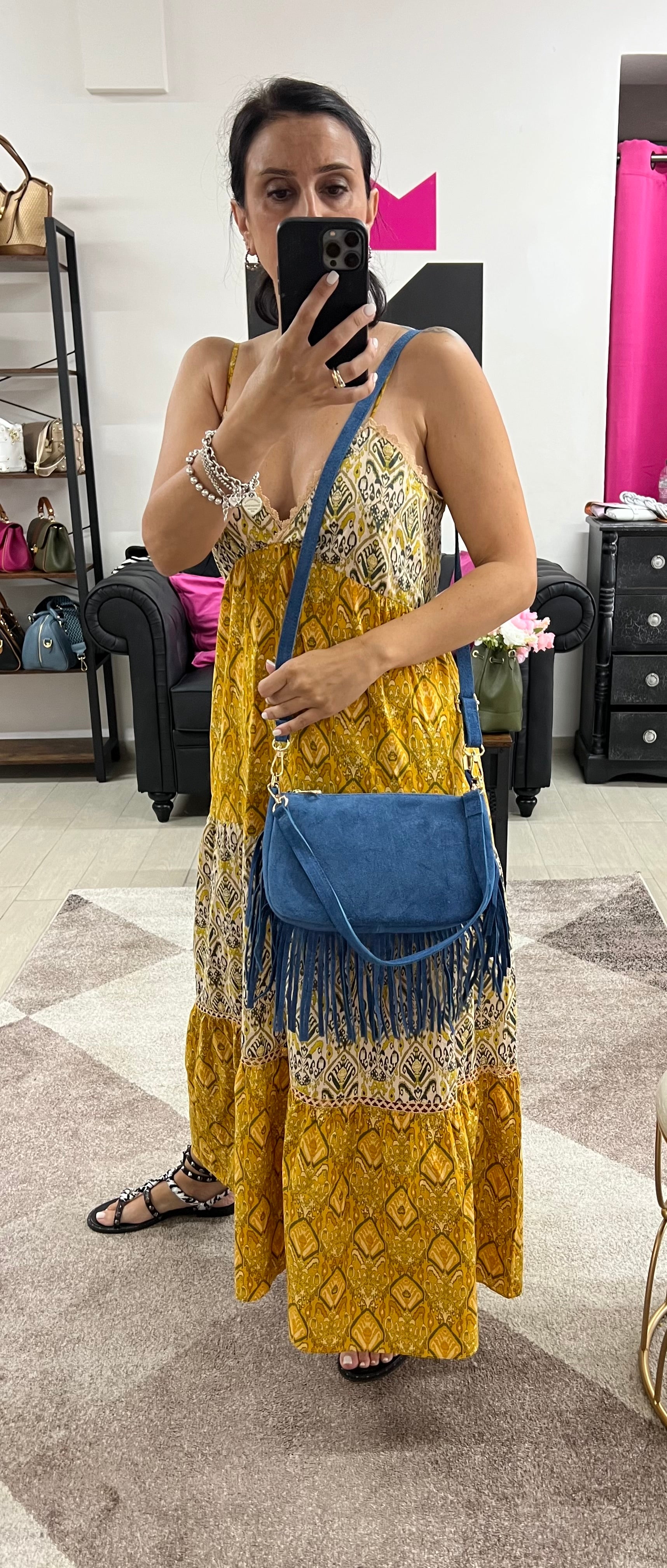 Powder blue suede fringed baguette bag