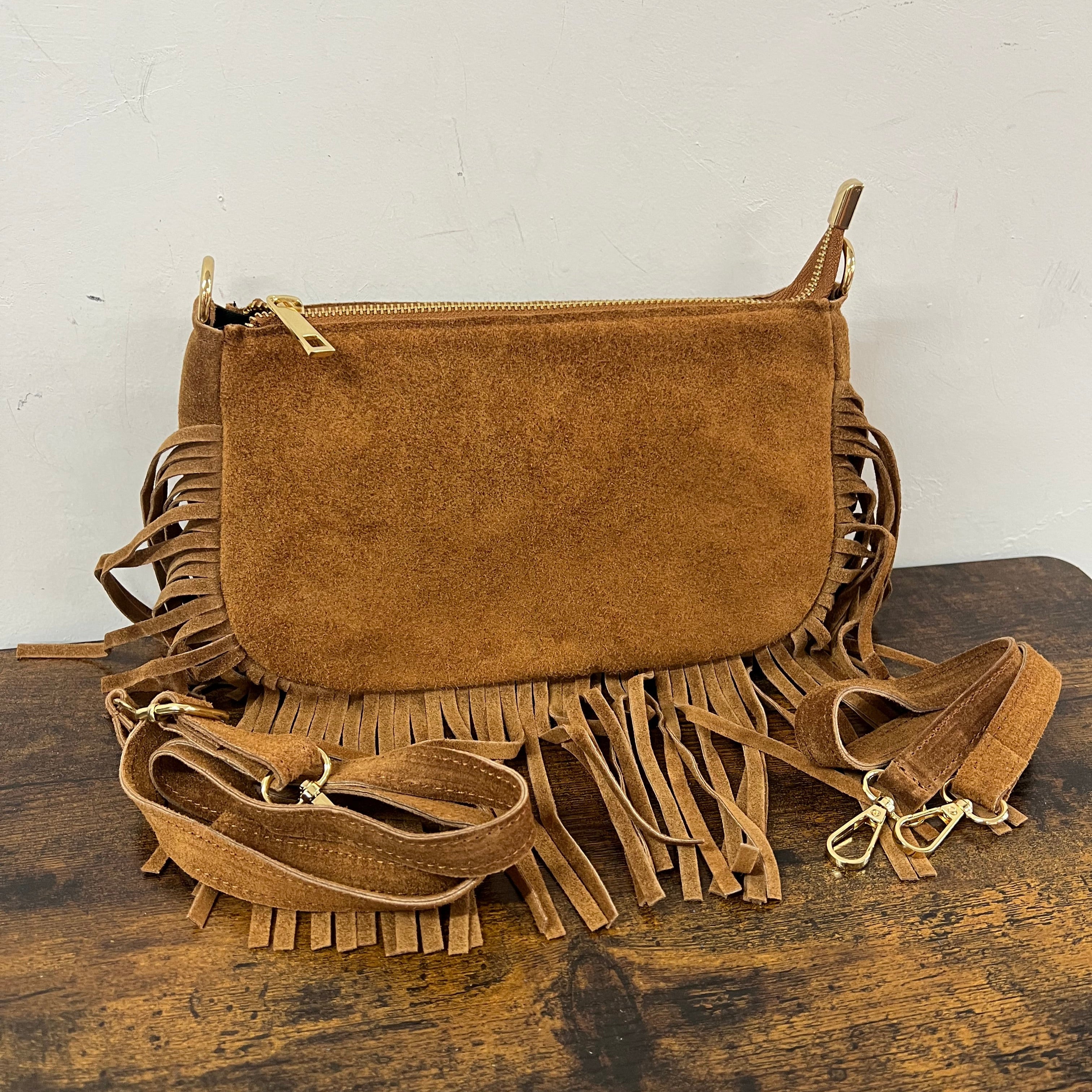 Baguette pelle suede frange cuoio scuro