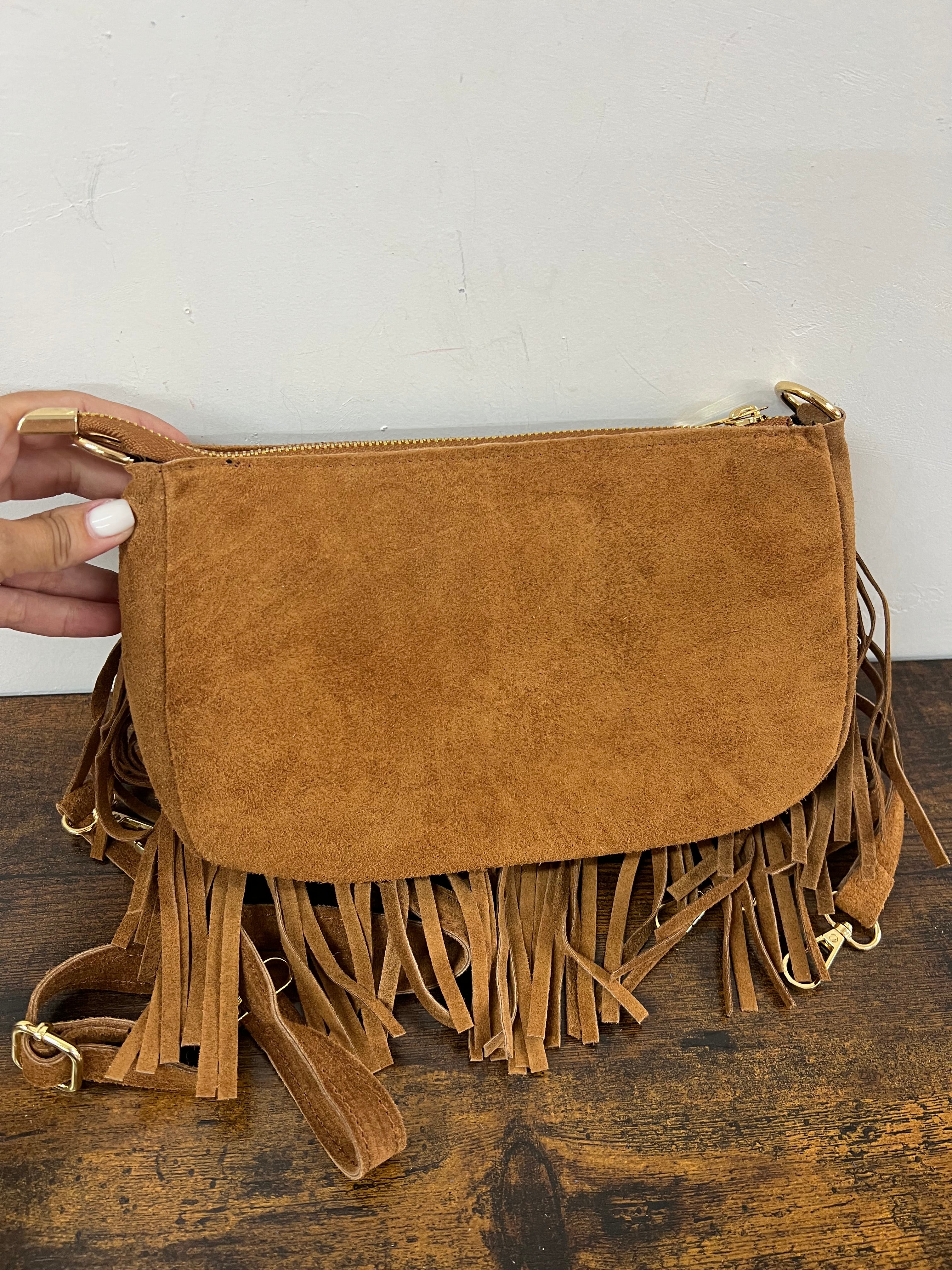 Baguette dark leather fringe suede