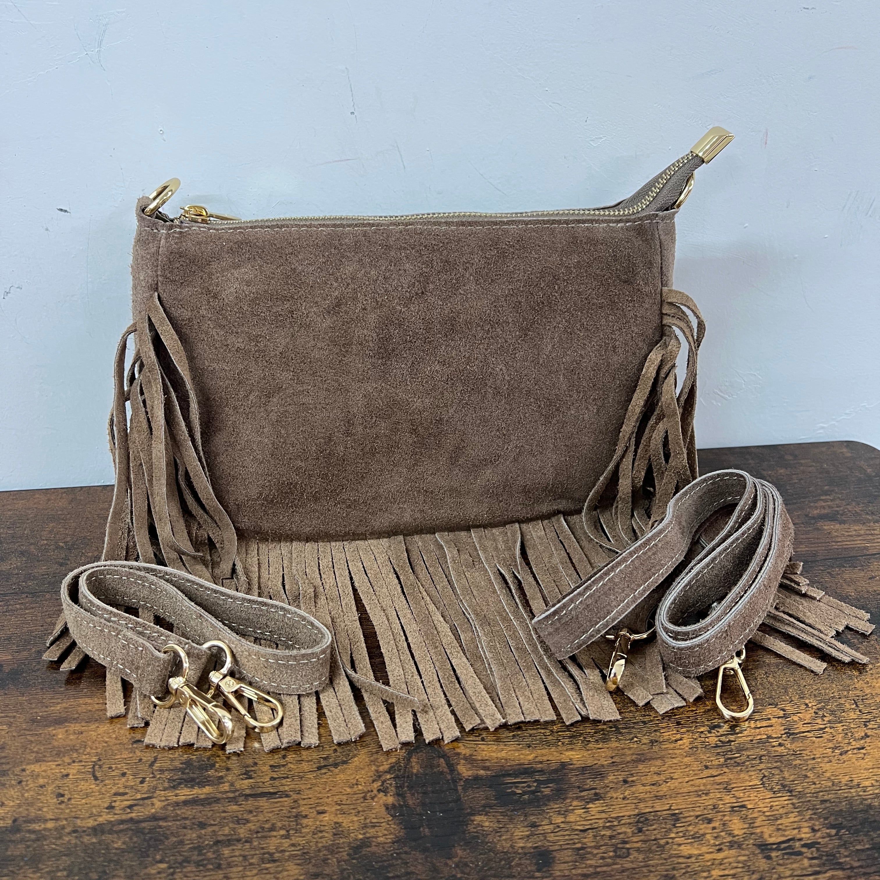 Baguette pelle suede frange fango