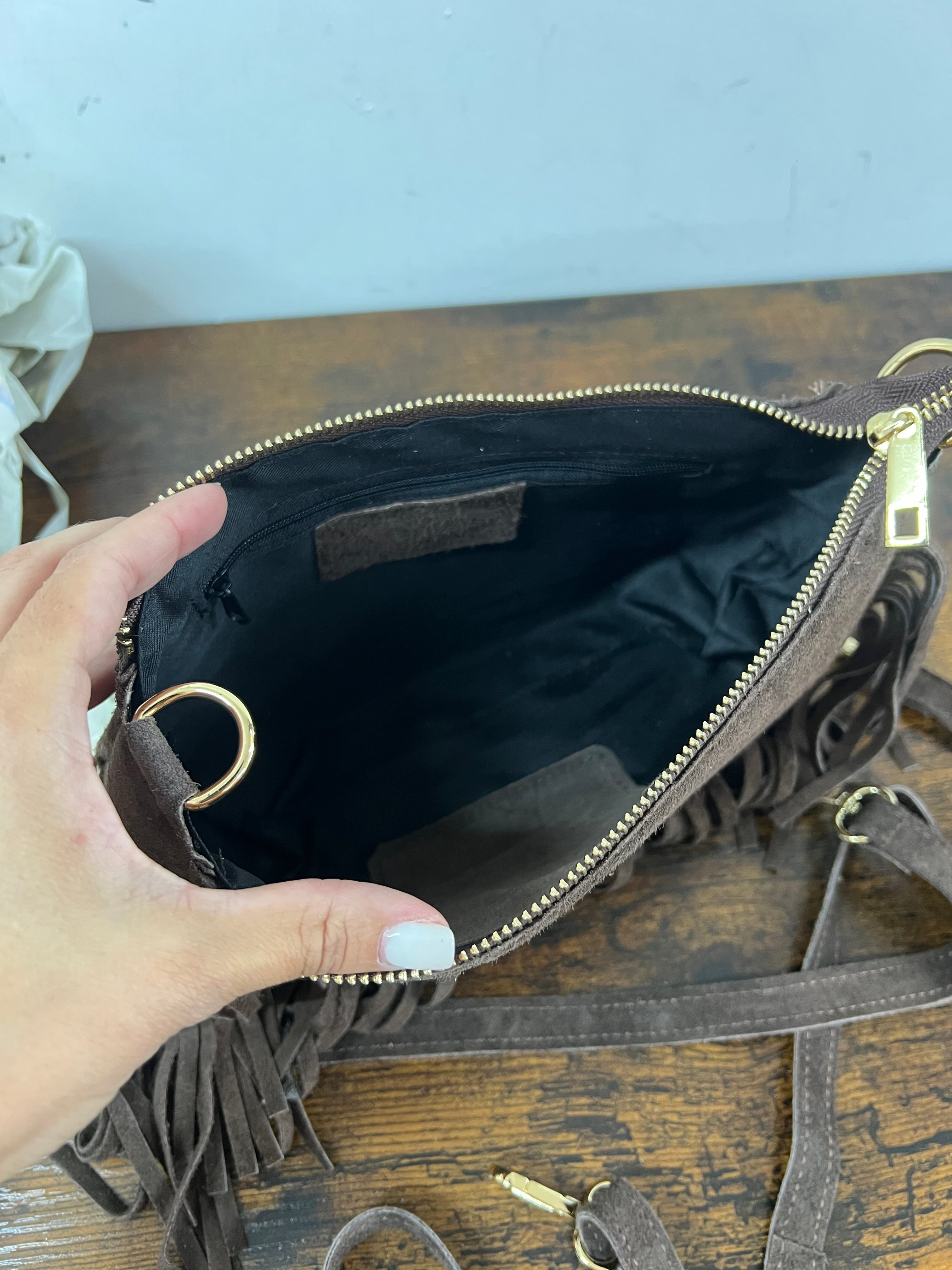 Baguette pelle suede frange testa di moro