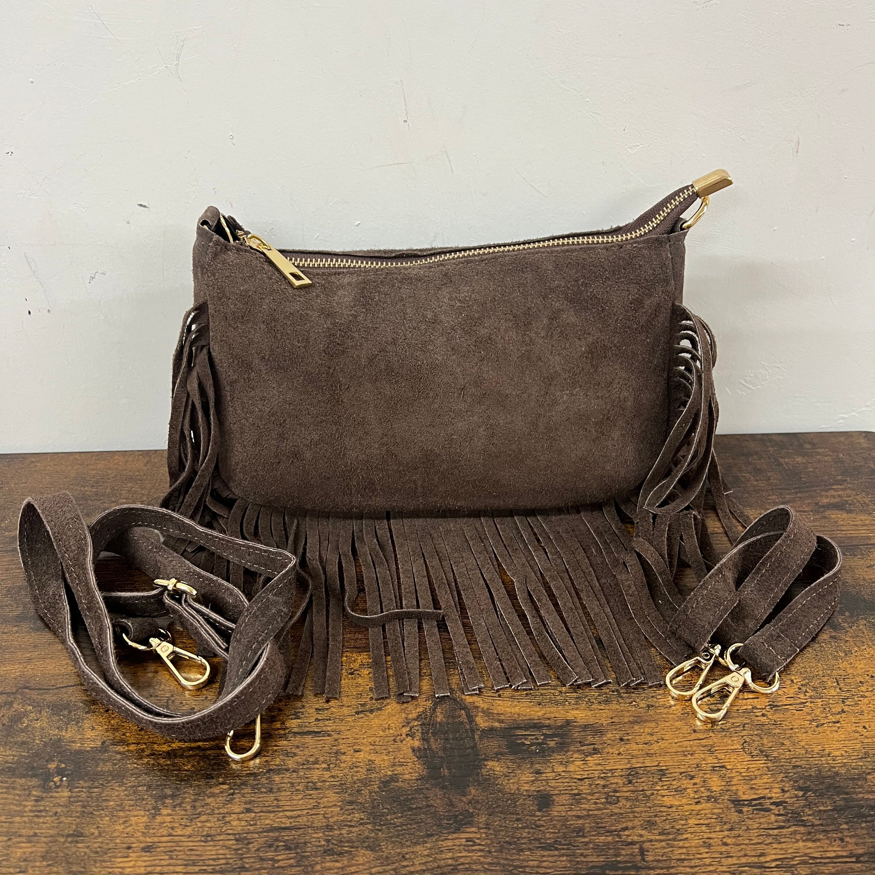Baguette pelle suede frange testa di moro