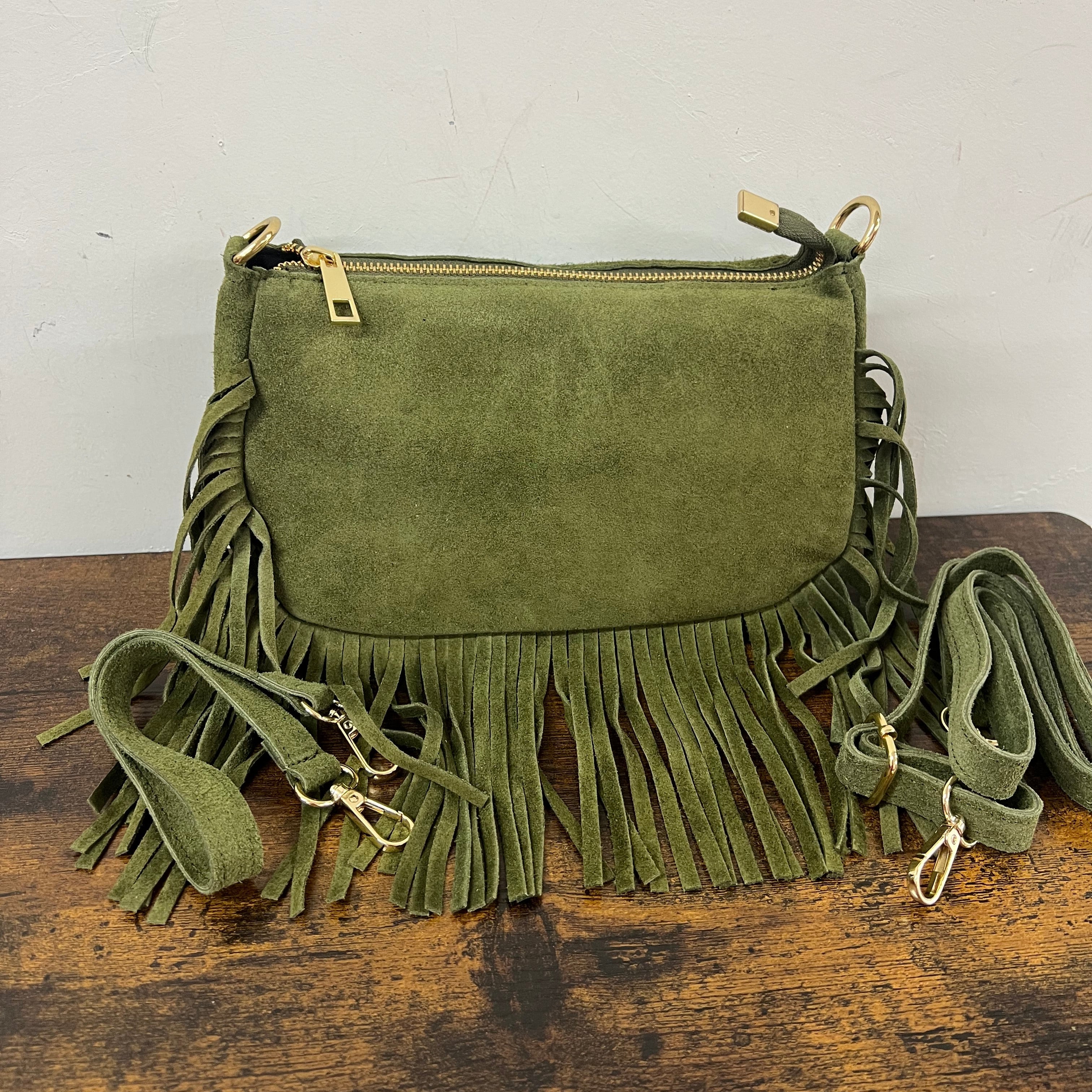 Military green suede fringed baguette bag