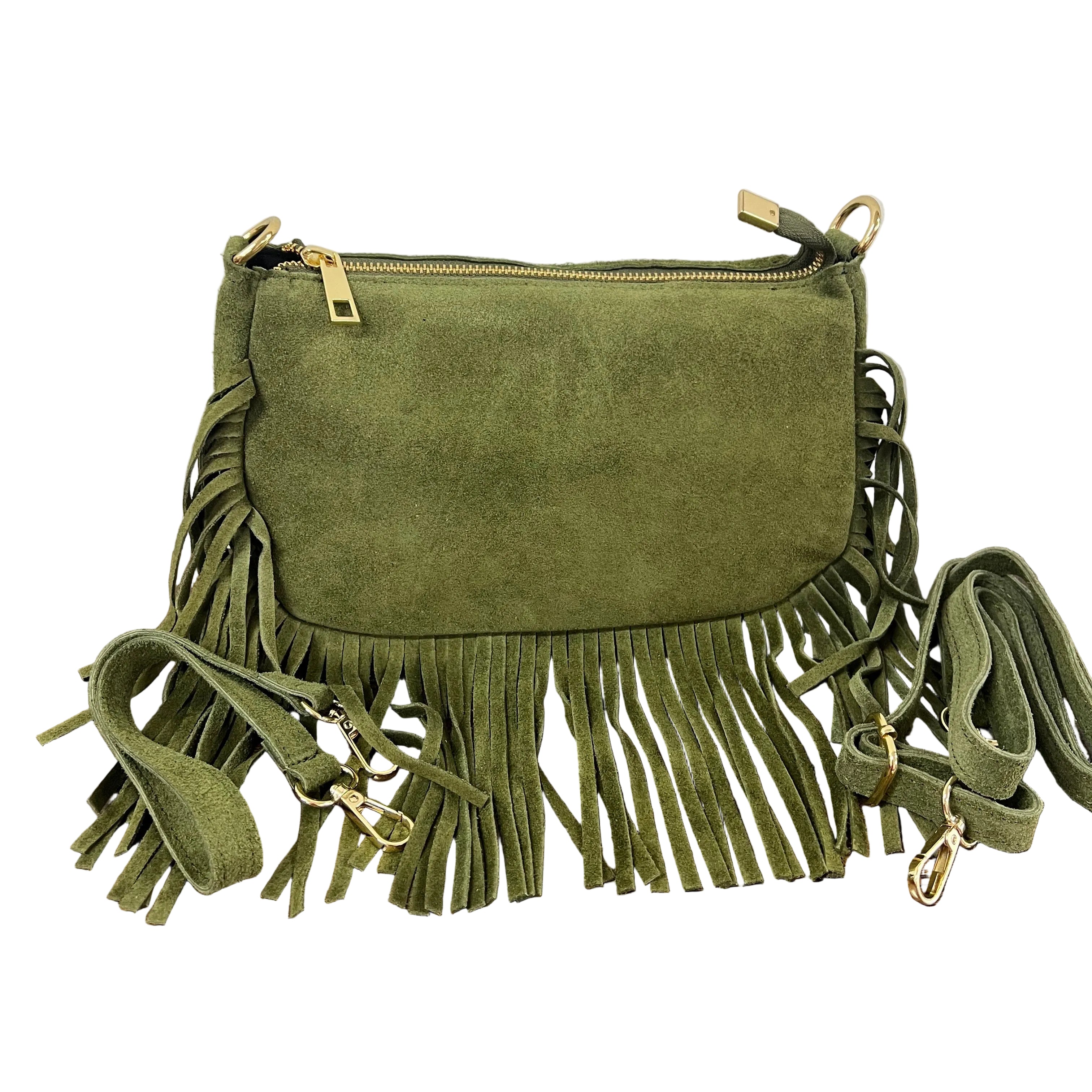 Baguette pelle suede frange verde militare