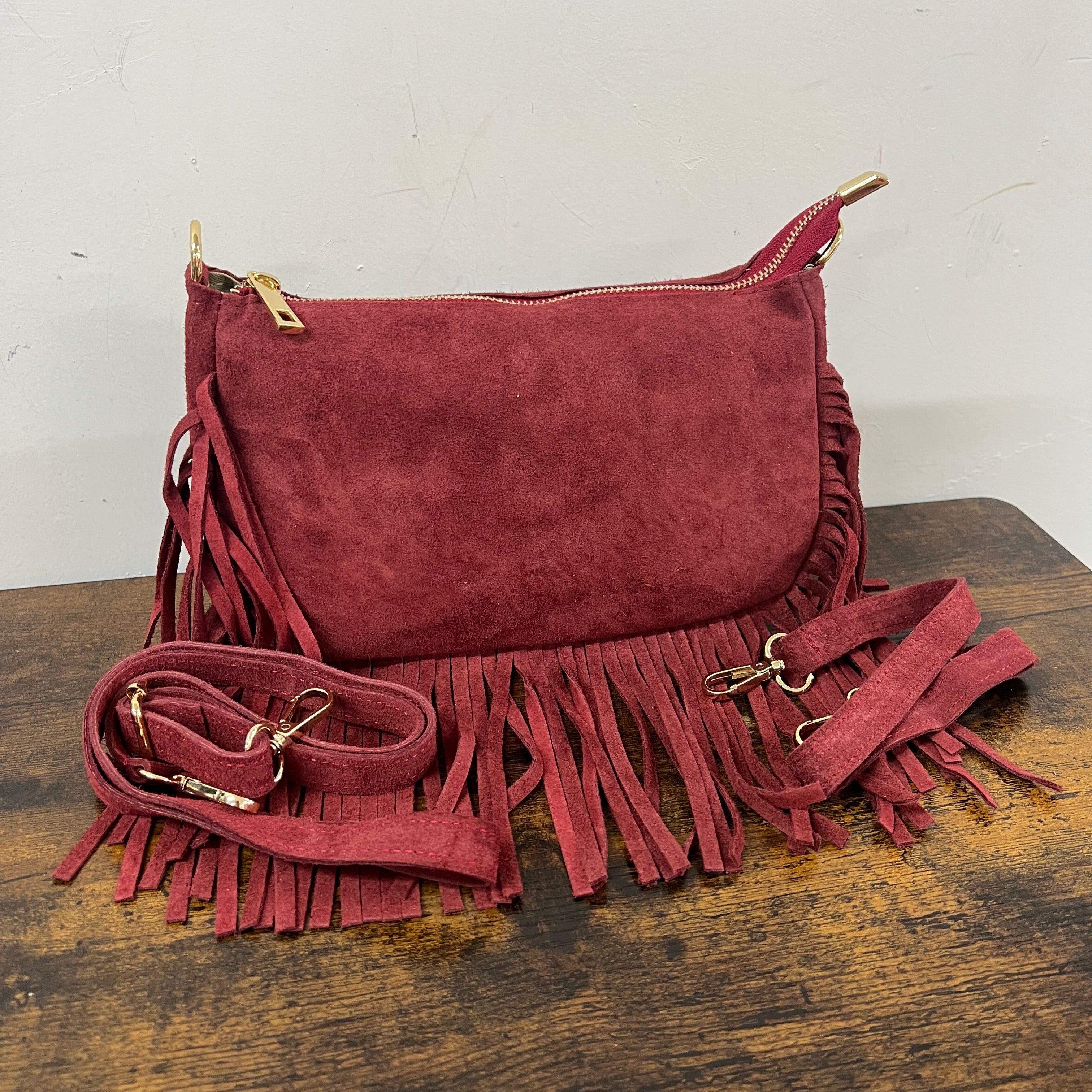 Baguette pelle suede frange bordeaux