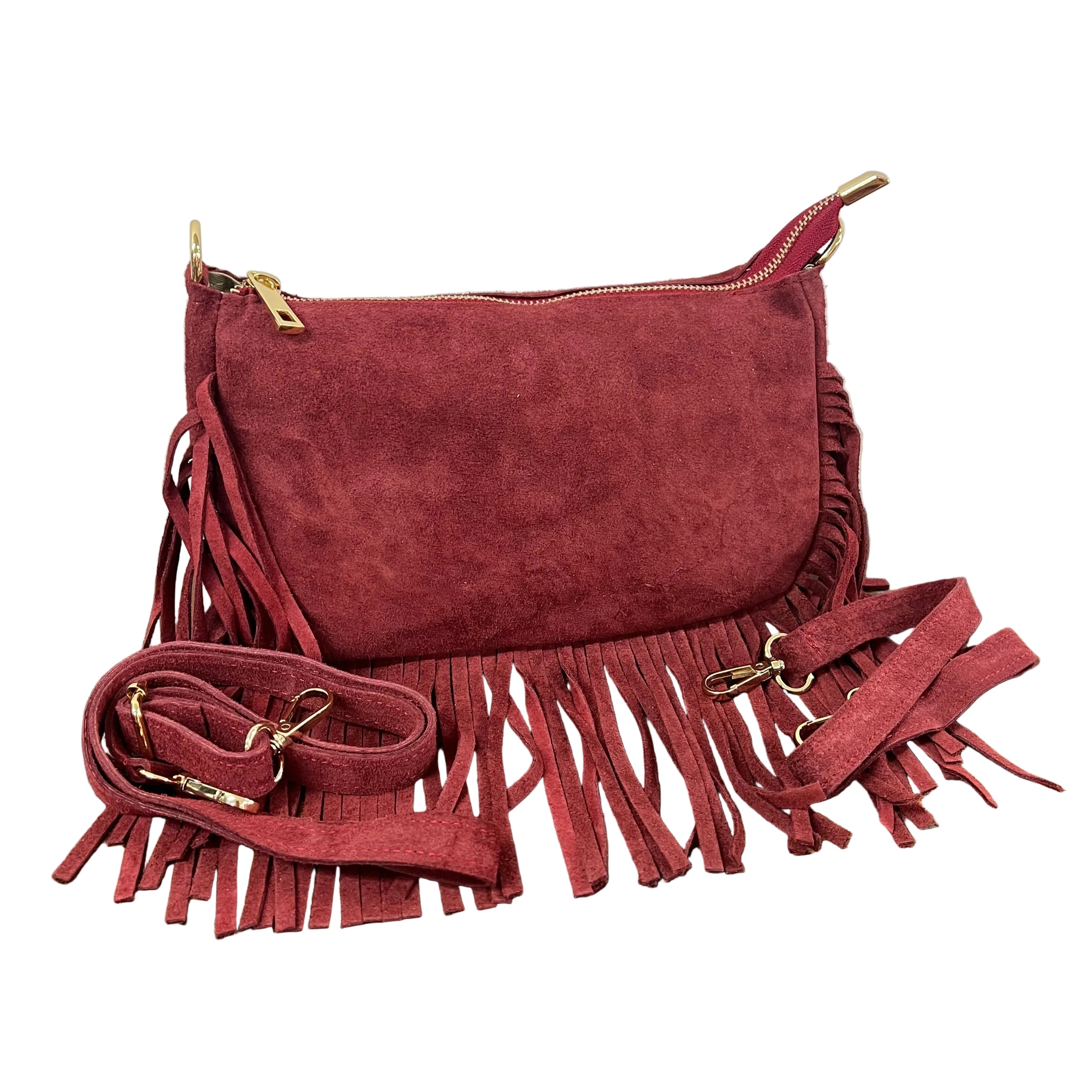 Baguette pelle suede frange bordeaux