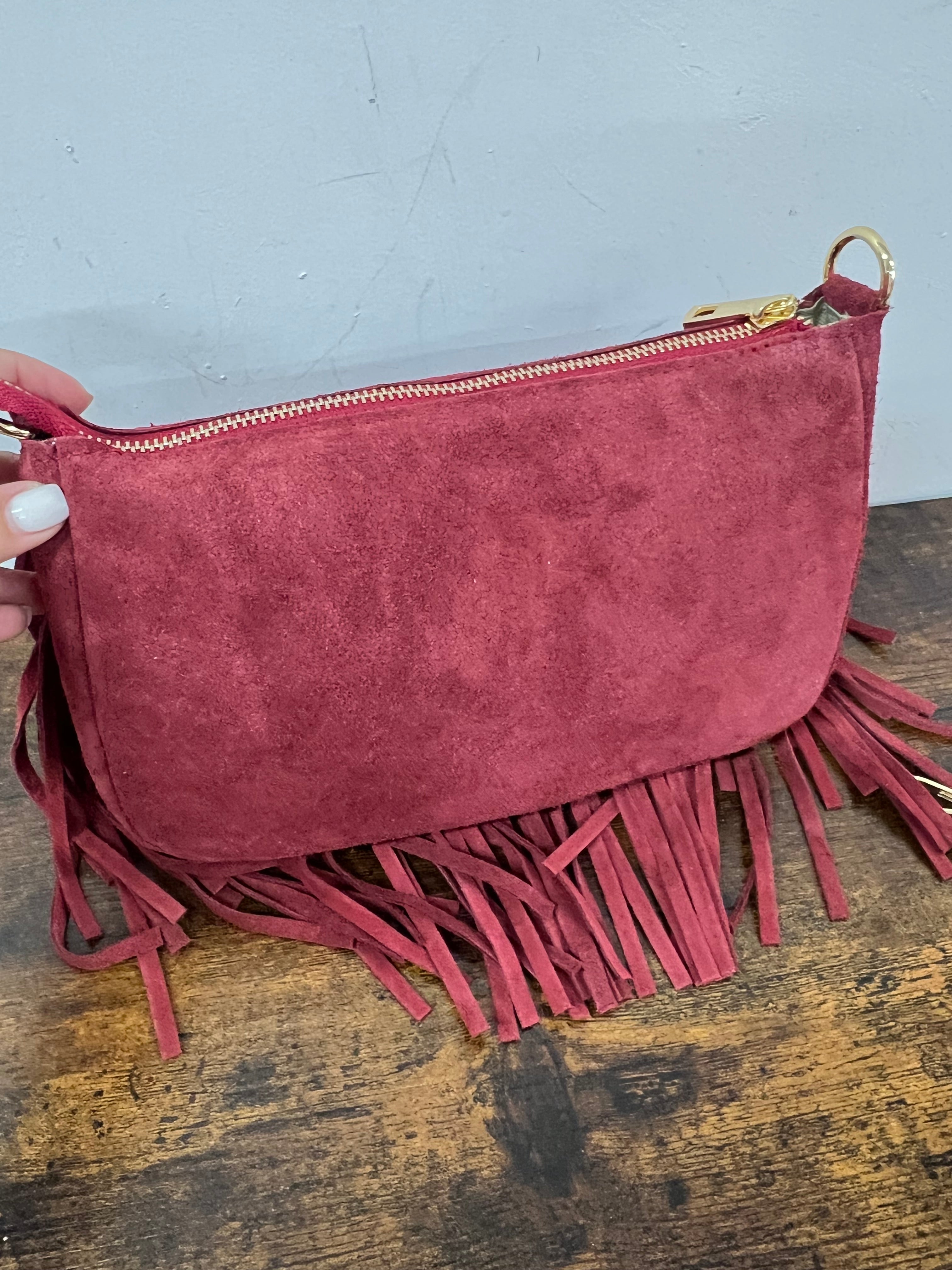 Baguette pelle suede frange bordeaux