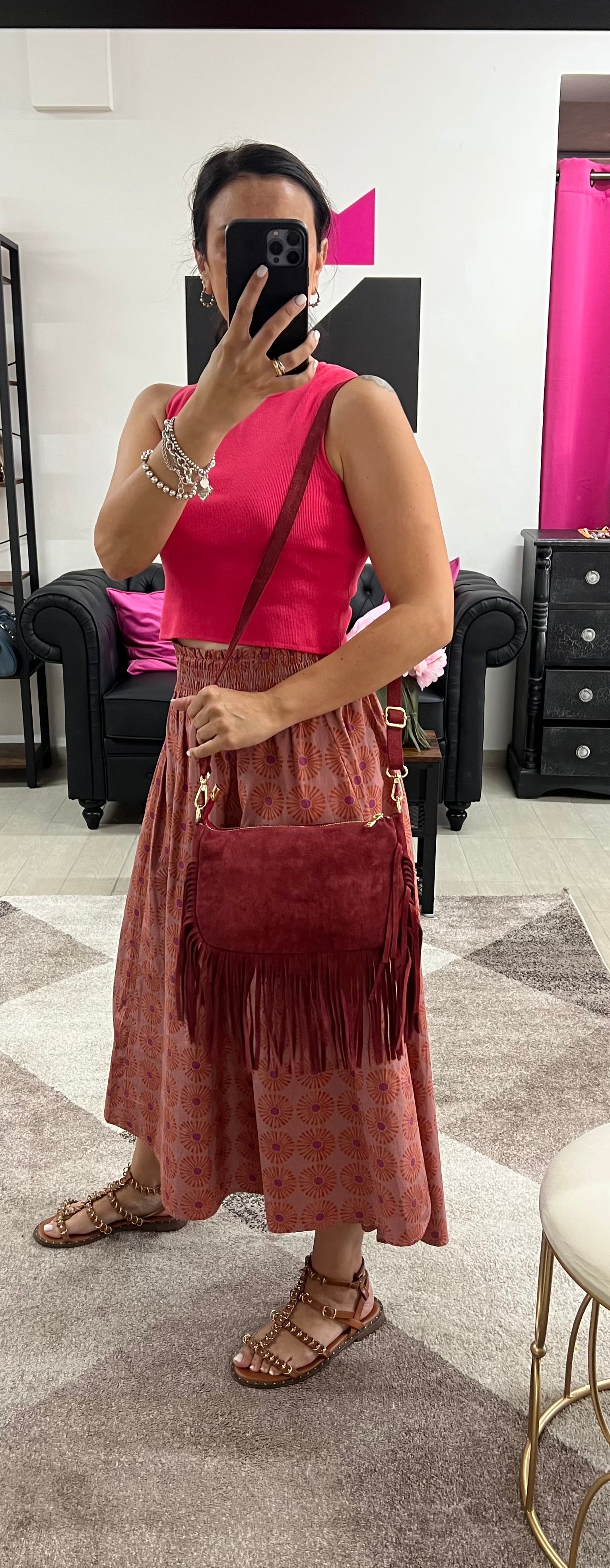 Baguette pelle suede frange bordeaux