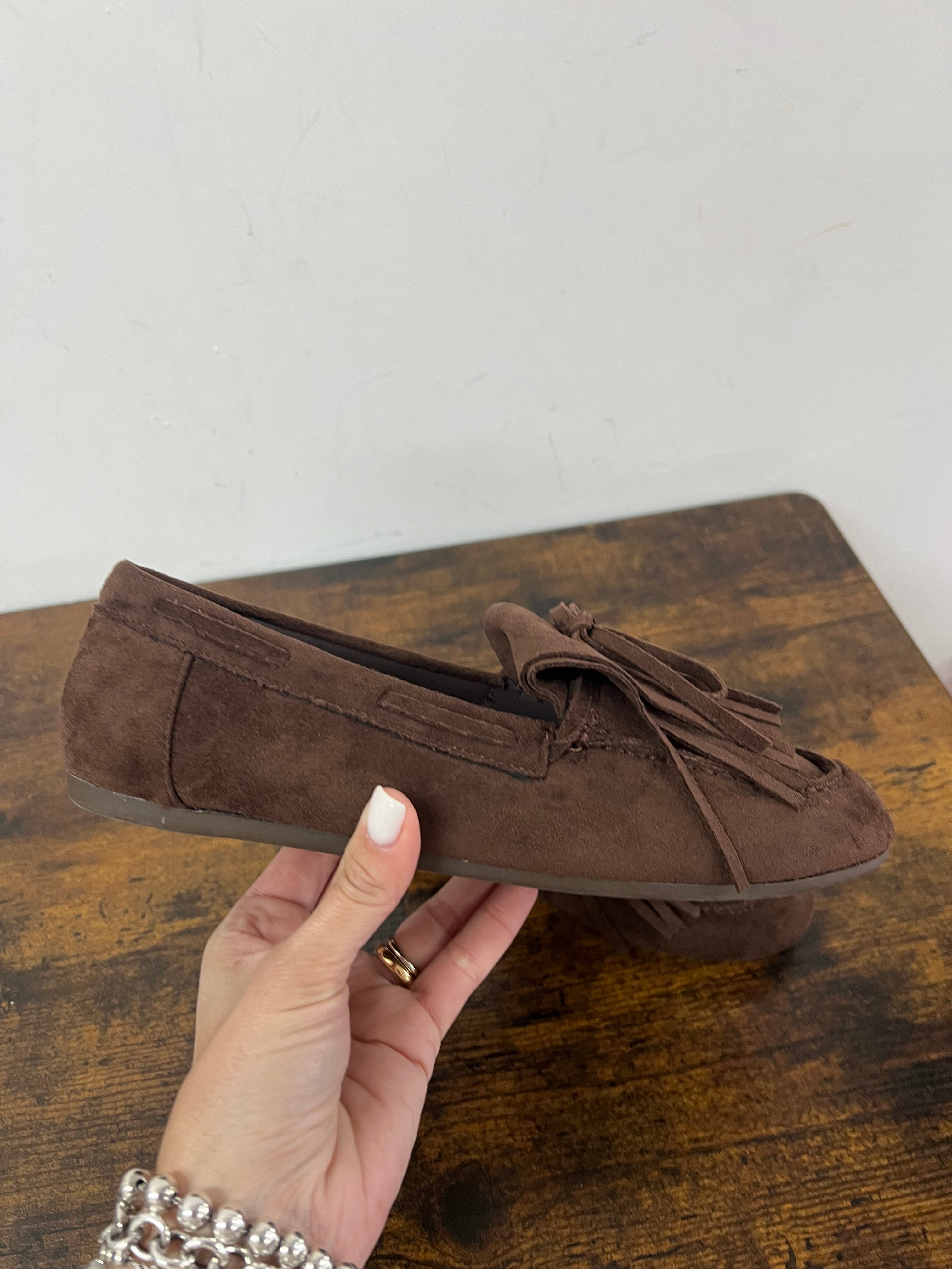 Dark brown suede fringed loafers