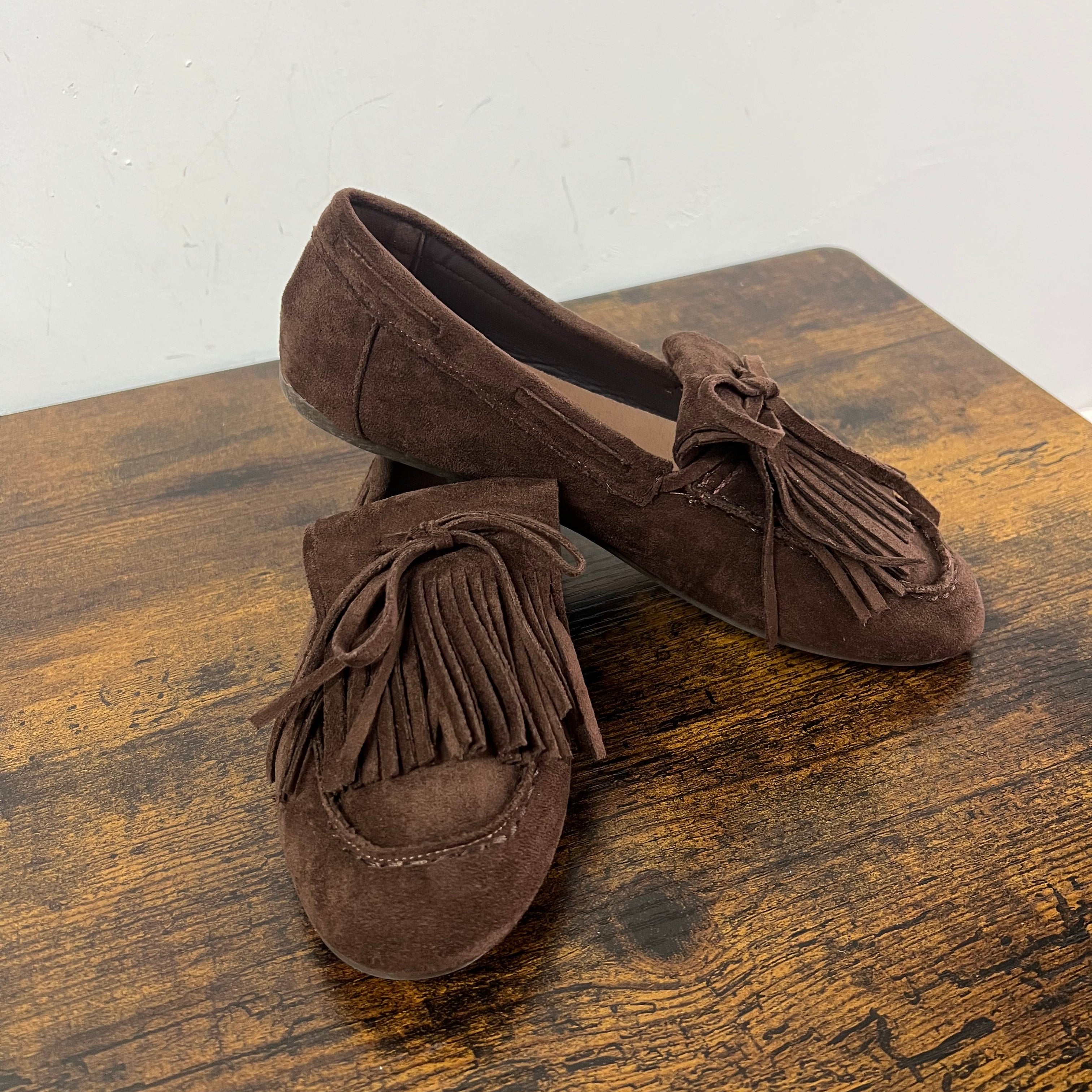 Dark brown suede fringed loafers